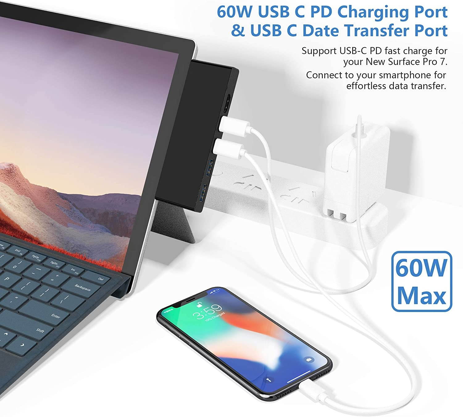 Surface Pro 7 Hub Docking Station with 4K HDMI Adapter+USB C PD 60W Charging port+ USB C 5Gbps Data Port +2 Port USB 3.0+SD/TF(Micro SD) Card Reader Converter Combo Adaptor for Microsoft Surface Pro 7