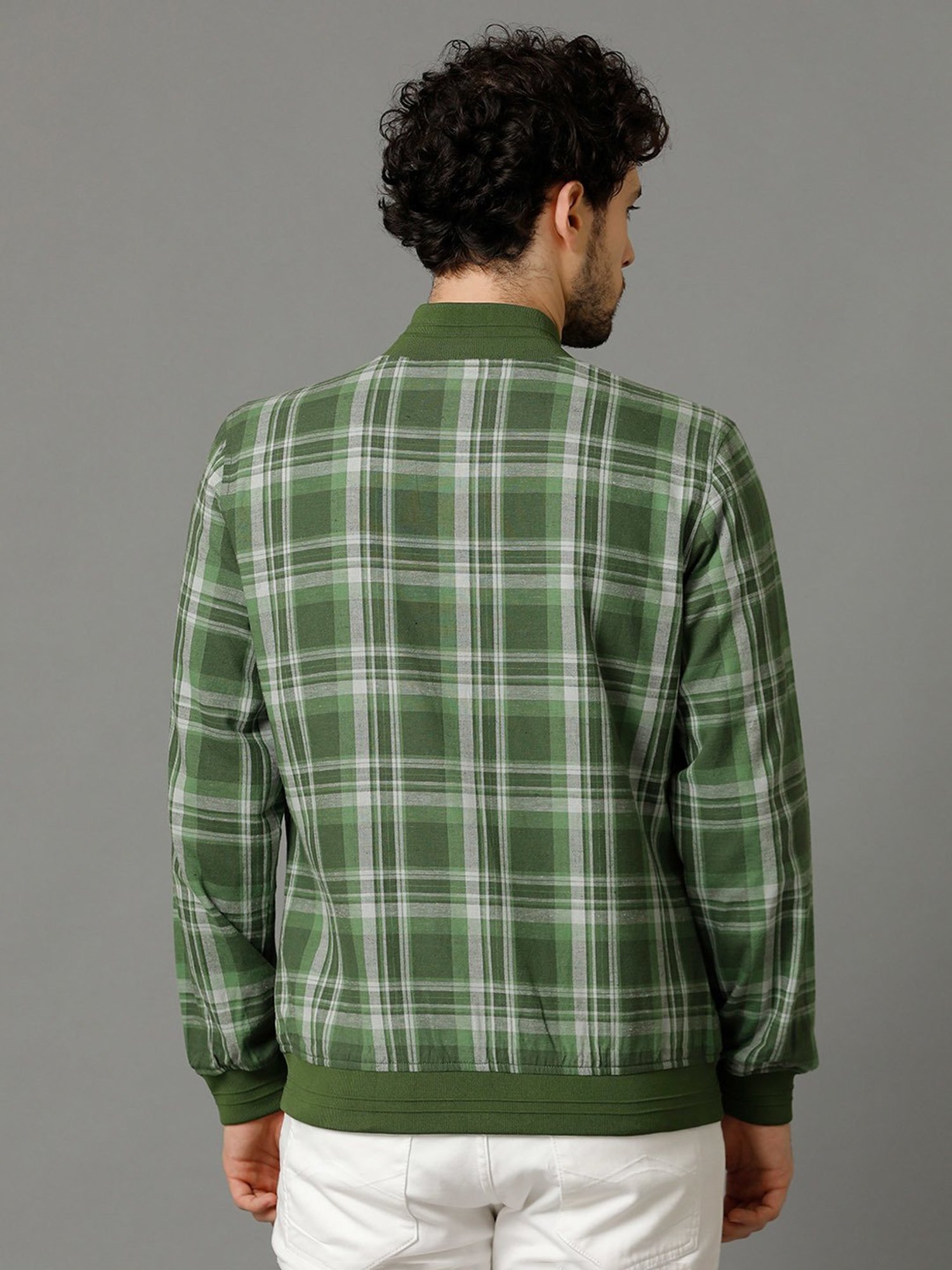 CAVALLO by Linen Club Green Regular Fit Check Cotton Linen Bomber Jacket