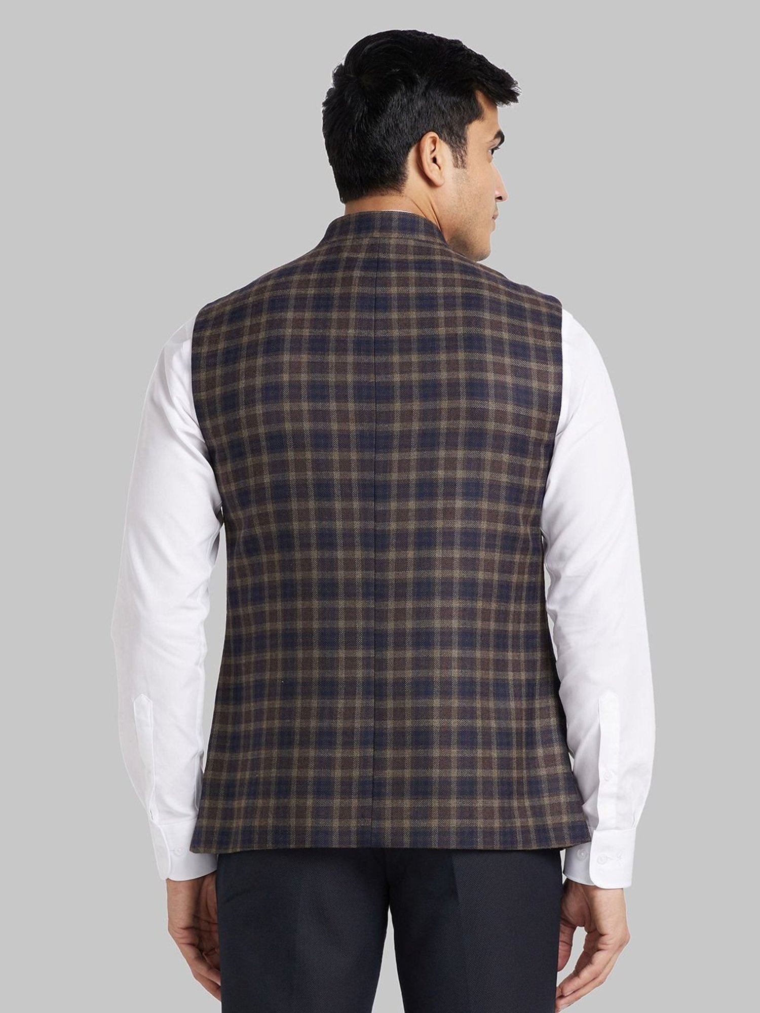 Park Avenue Brown & Blue Slim Fit Checks Nehru Jacket