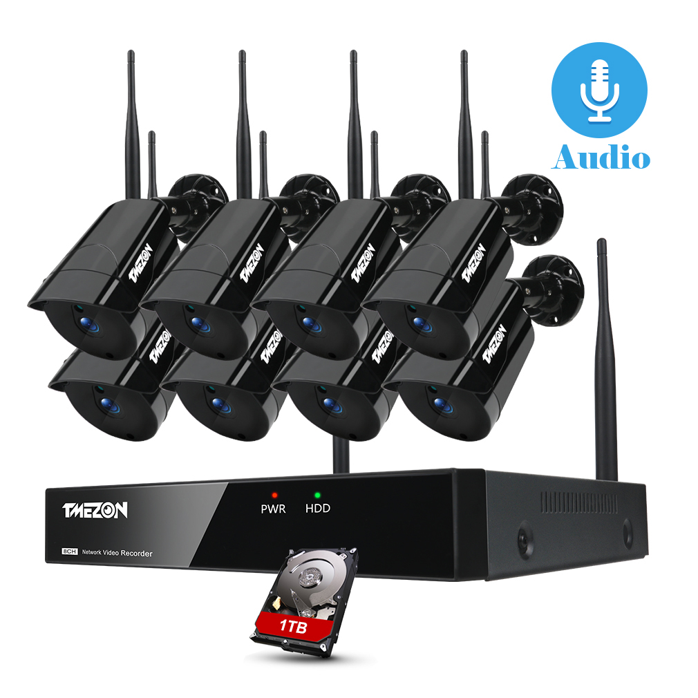 TMEZON Audio 2MP Wireless Security Camera System, 8CH Indoor Outdoor Video Surveillance NVR Systems with 2TB Hard Drive, 8Pcs 1080P Home WiFi IP Cameras, P2P, Waterproof, Night Vision, Remote Access
