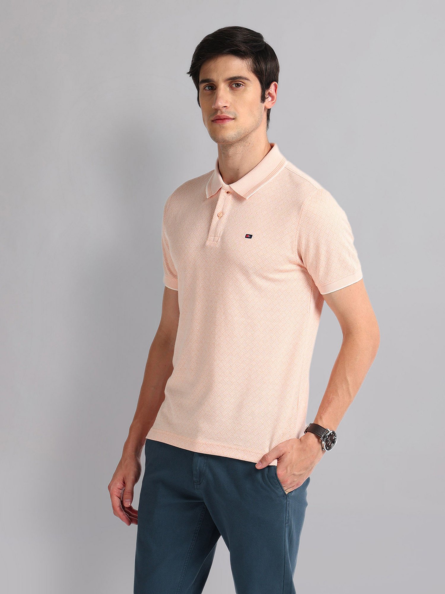 AD by Arvind Orange Slim Fit Self Design Polo T-Shirt