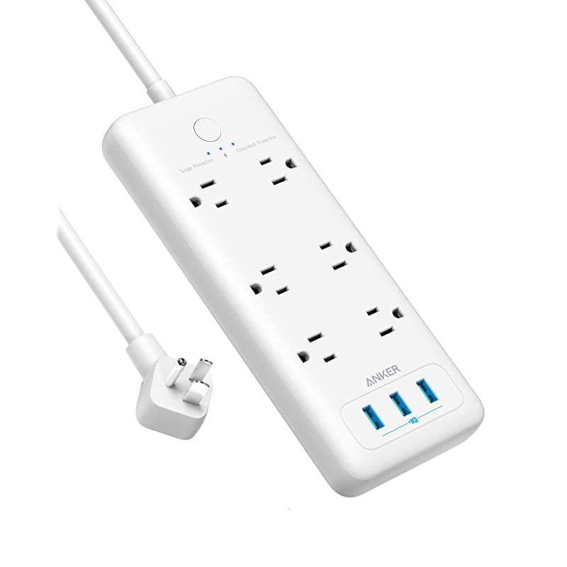Protector Power Strip Anker 6 Outlet amp 3 PowerIQ USB Charging Ports USB Power Strip PowerPort Strip 6 with 66 Foot Long Extension Cord Flat Plug for Home Office and More 1280 Joule