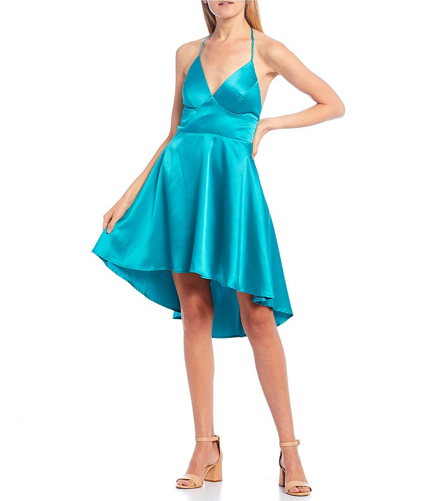 B. Darlin Tie-Neck Satin High-Low Dress