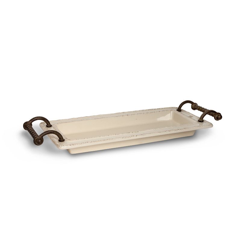 GG Collection 21.5-Inch Long Cream Ceramic Tray with Provencial Styled Braided Metal Handles