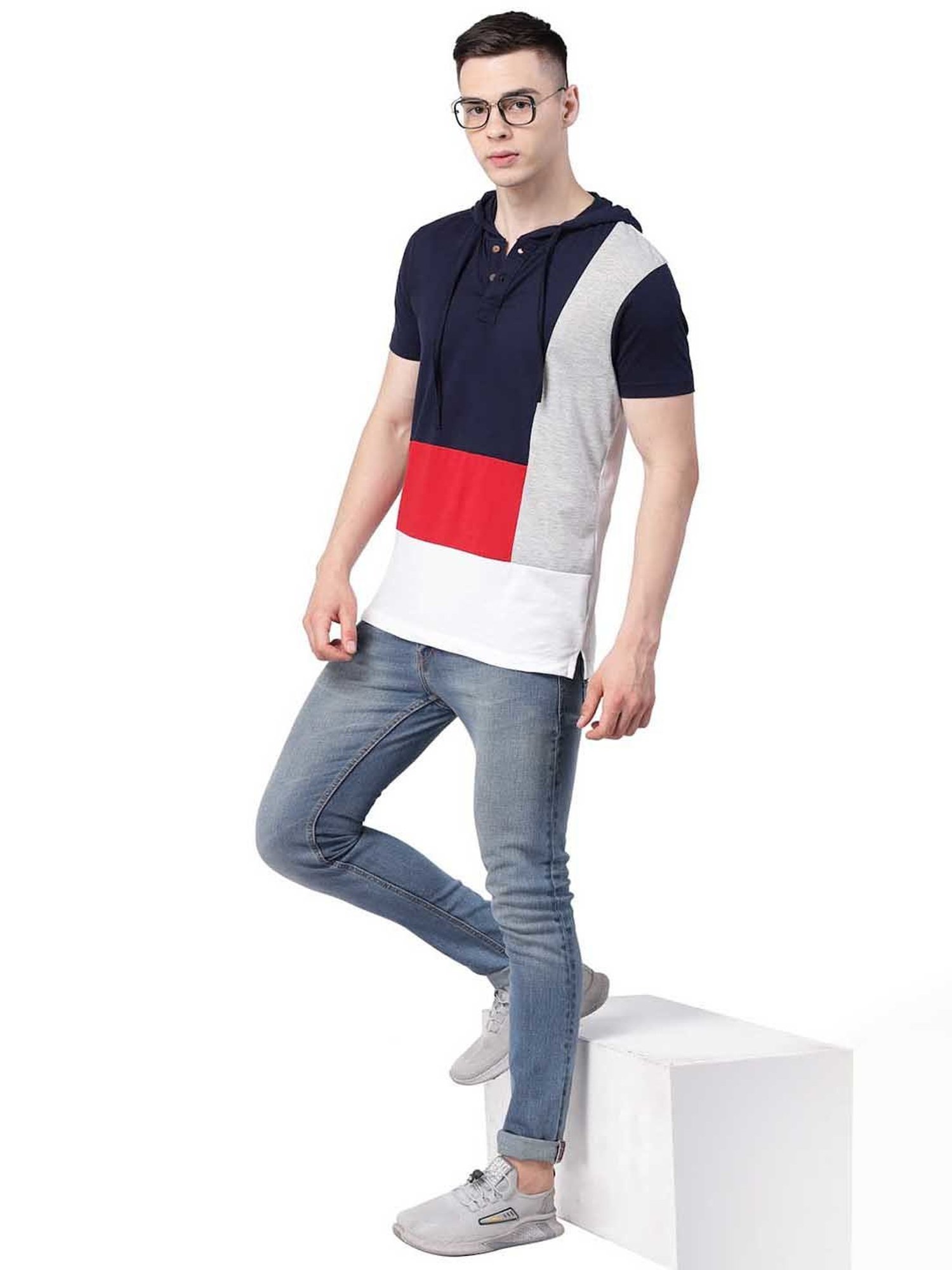 Kalt White & Navy Regular Fit Hooded T-Shirt