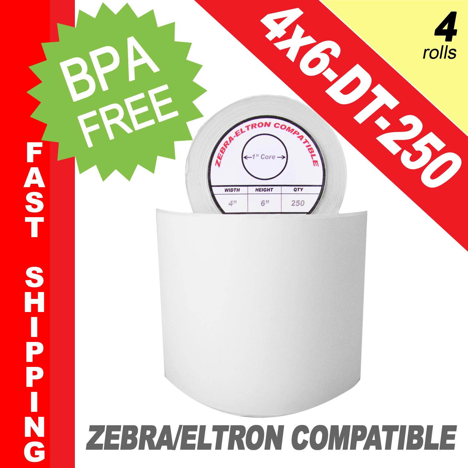 Zebra/Eltron-Compatible 4 x 6 Labels (4" x 6") -- BPA Free! (4 Rolls; 250 Labels per Roll)