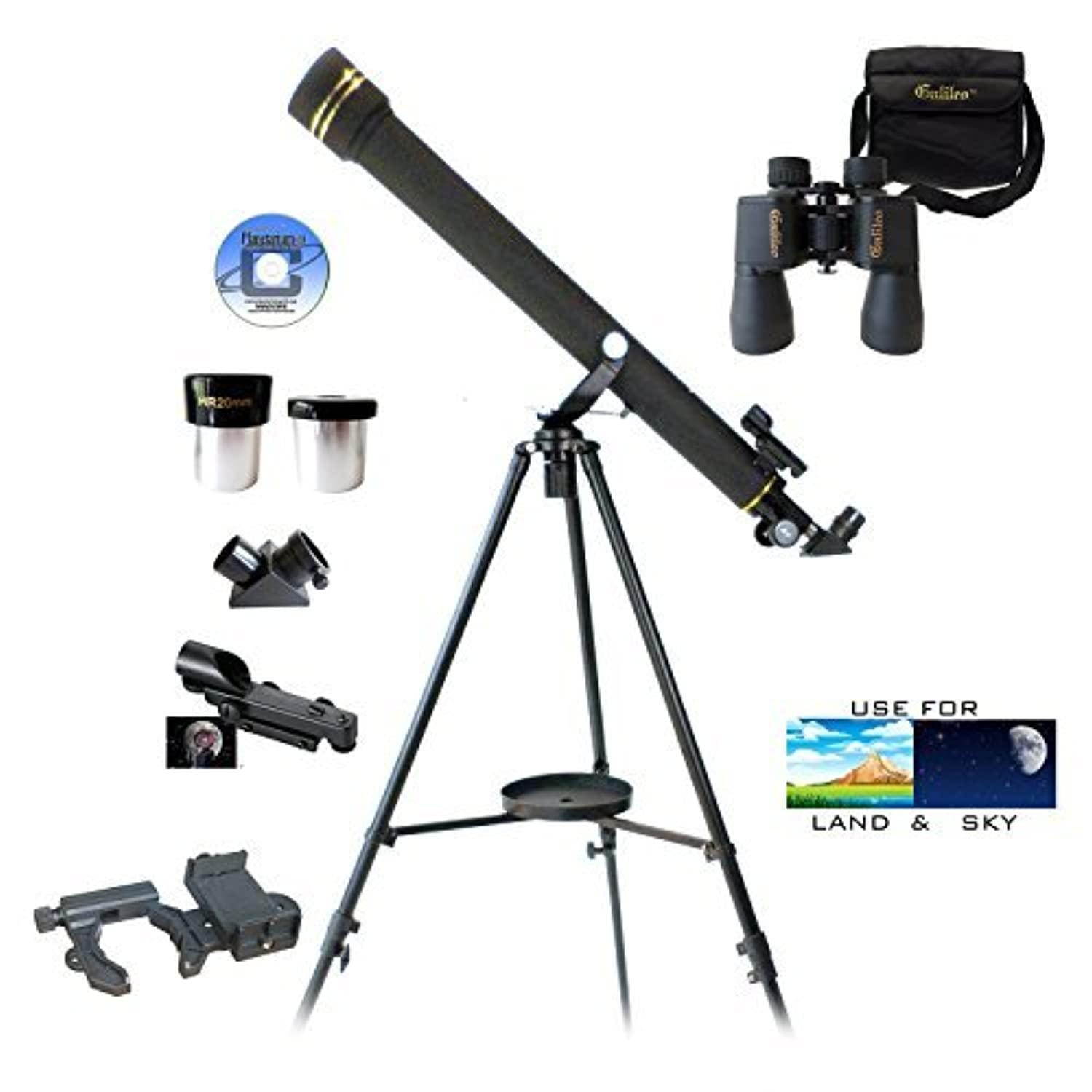 three piece galileo telescope, binocular and smartphone adapter set