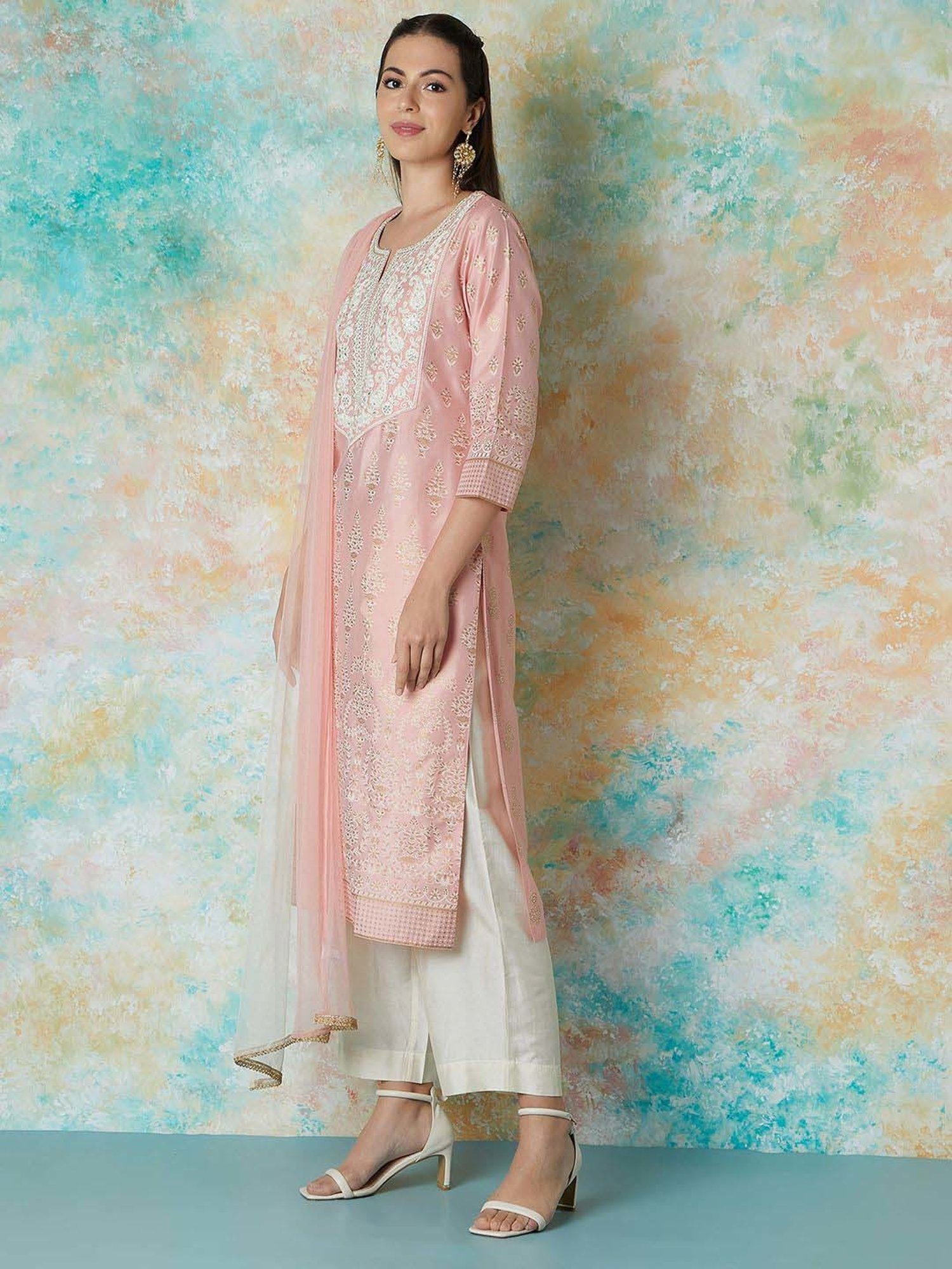 Melange by Lifestyle Pink Embroidered Kurta & Pant Set With Dupatta