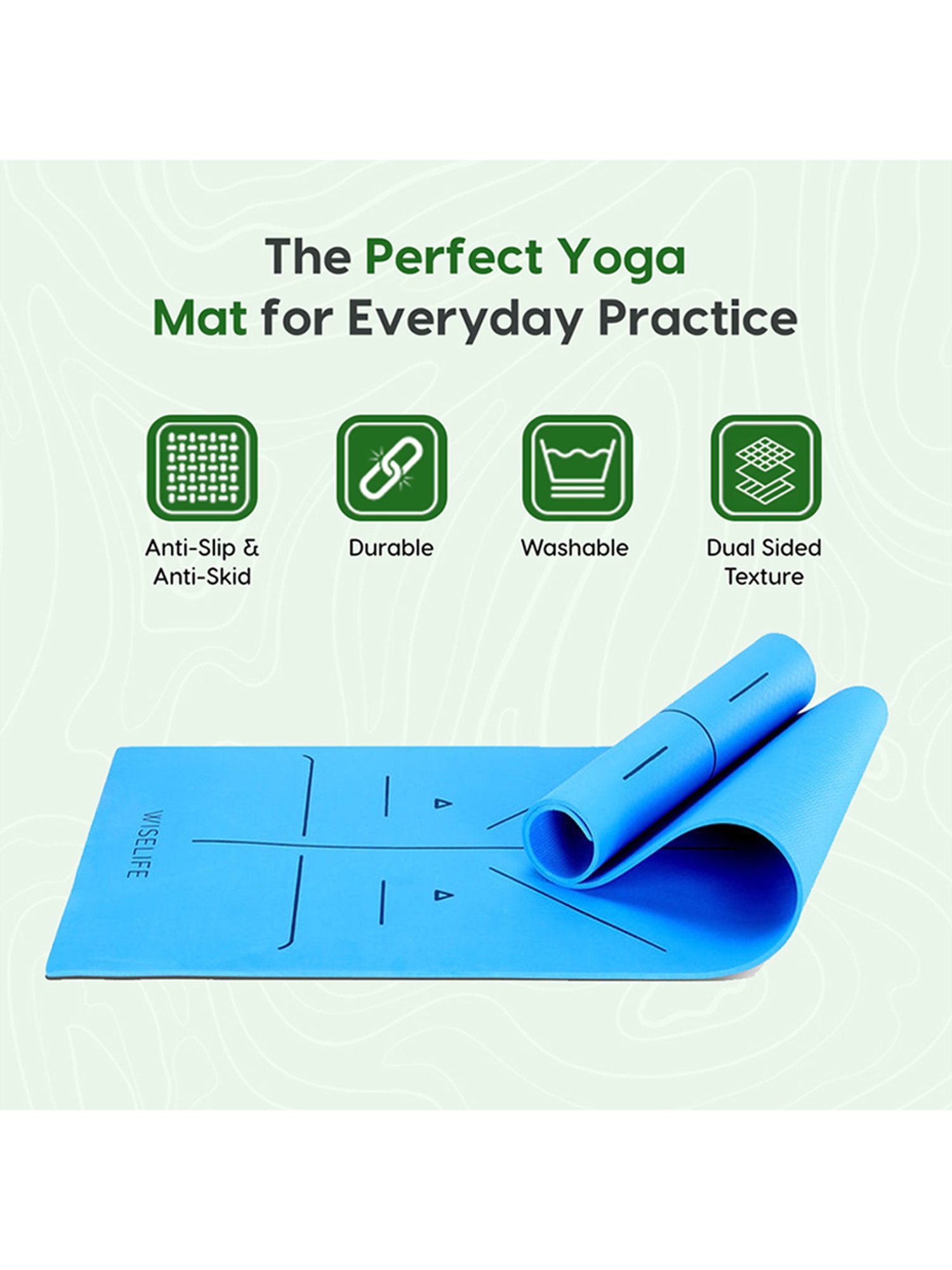 WiseLife TRU Alignment Yoga Mat + Sleek Yoga Strap for Men and Women (Sky Blue)