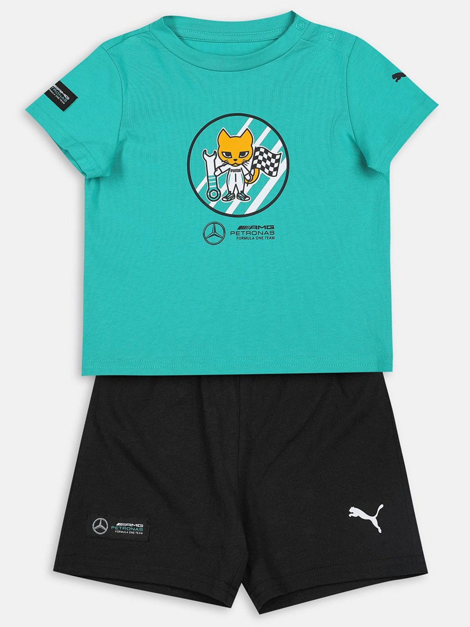 Puma Kids Mercedes AMG Petronas Spectra Green & Black Cotton Printed T-Shirt Set