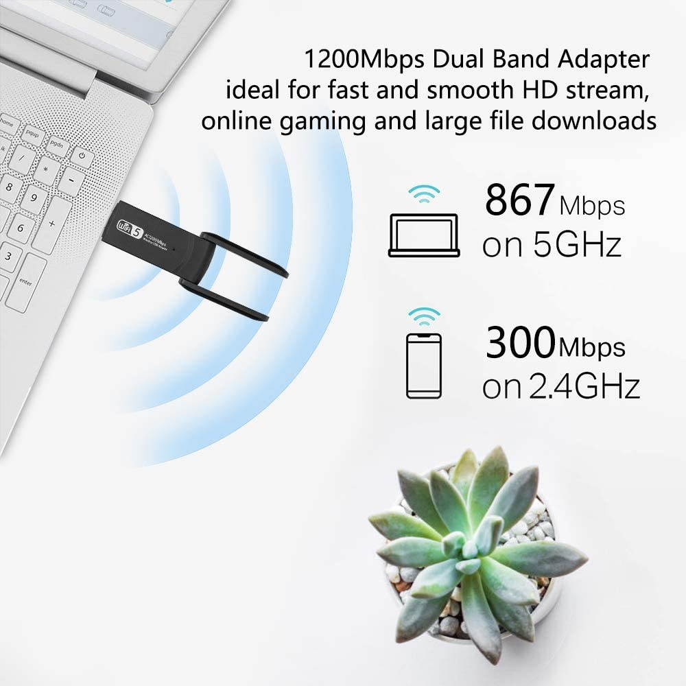 USB WiFi Adapter 1200Mbps Wireless Internet Adapter USB 3.0 WiFi Dongle for PC 802.11AC with 3dBi High Gain Antenna Support Linux Mac OS 10.9~10.15 Windows 10/8.1/8/7/ XP System, Easy to Use