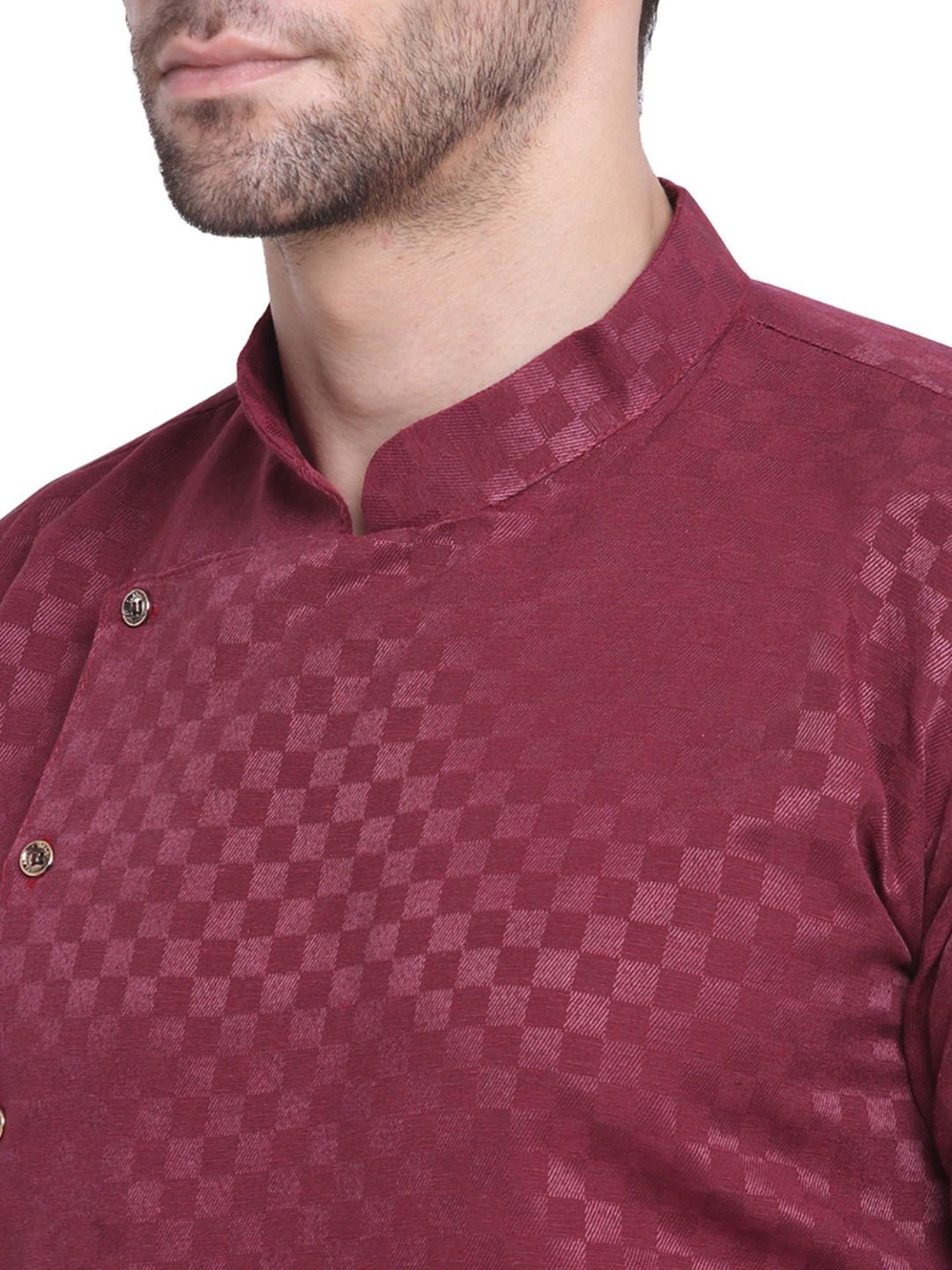 Benstoke Maroon & White Regular Fit Geometric Print Angrakha Kurta & Pyjamas Set