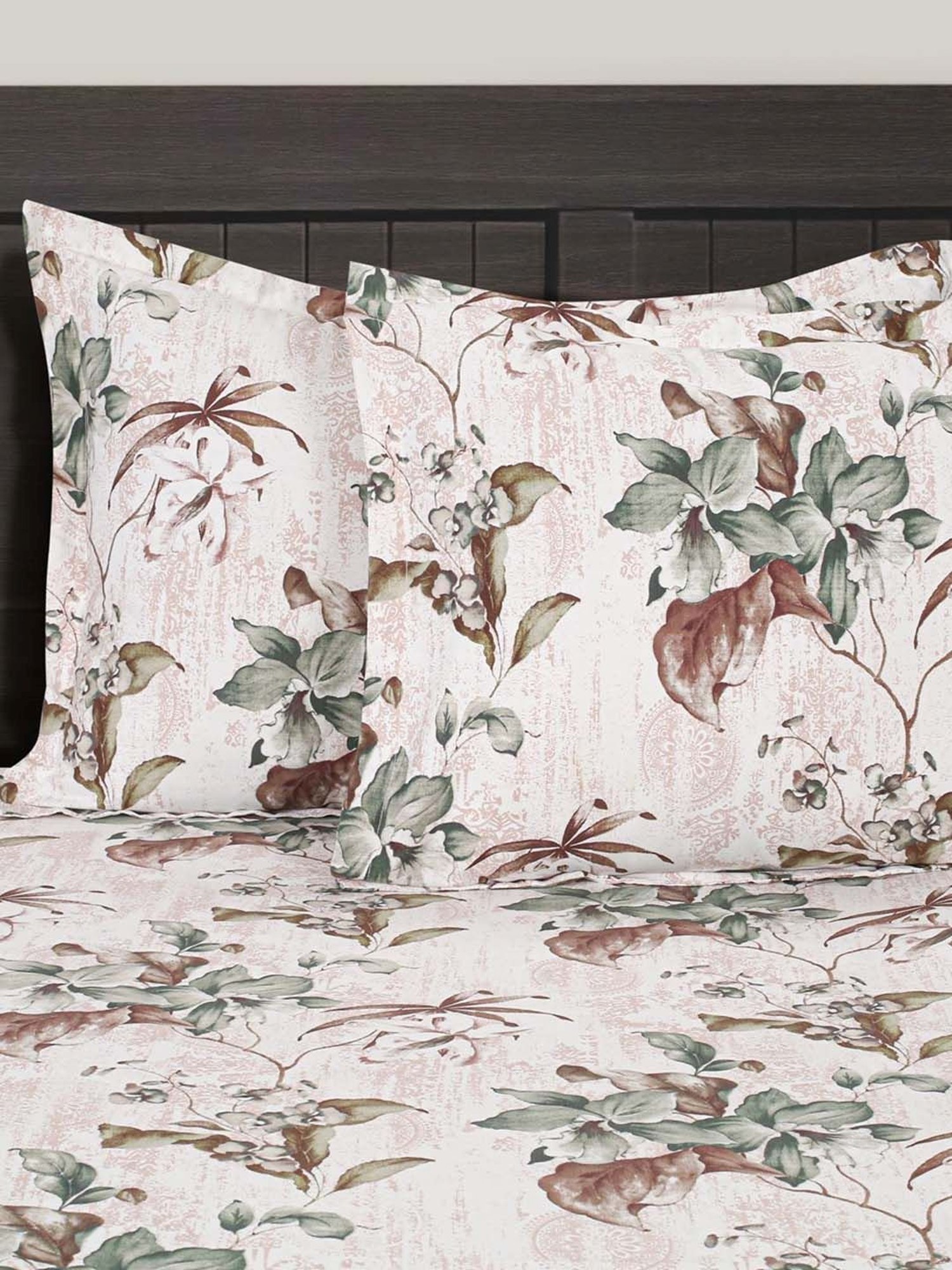 Swayam White, Brown & Green Cotton 210 TC, 1 Double Bedsheet With 2 Pillow Cover