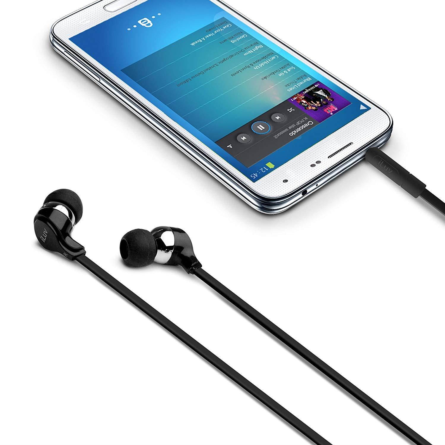 iLuv Tangle-resistant comfortable fit stereo earphones for iPhone, iPad, iPod, SAMSUNG, LG, Google Next, Others phones, tablets and MP3 (Black)