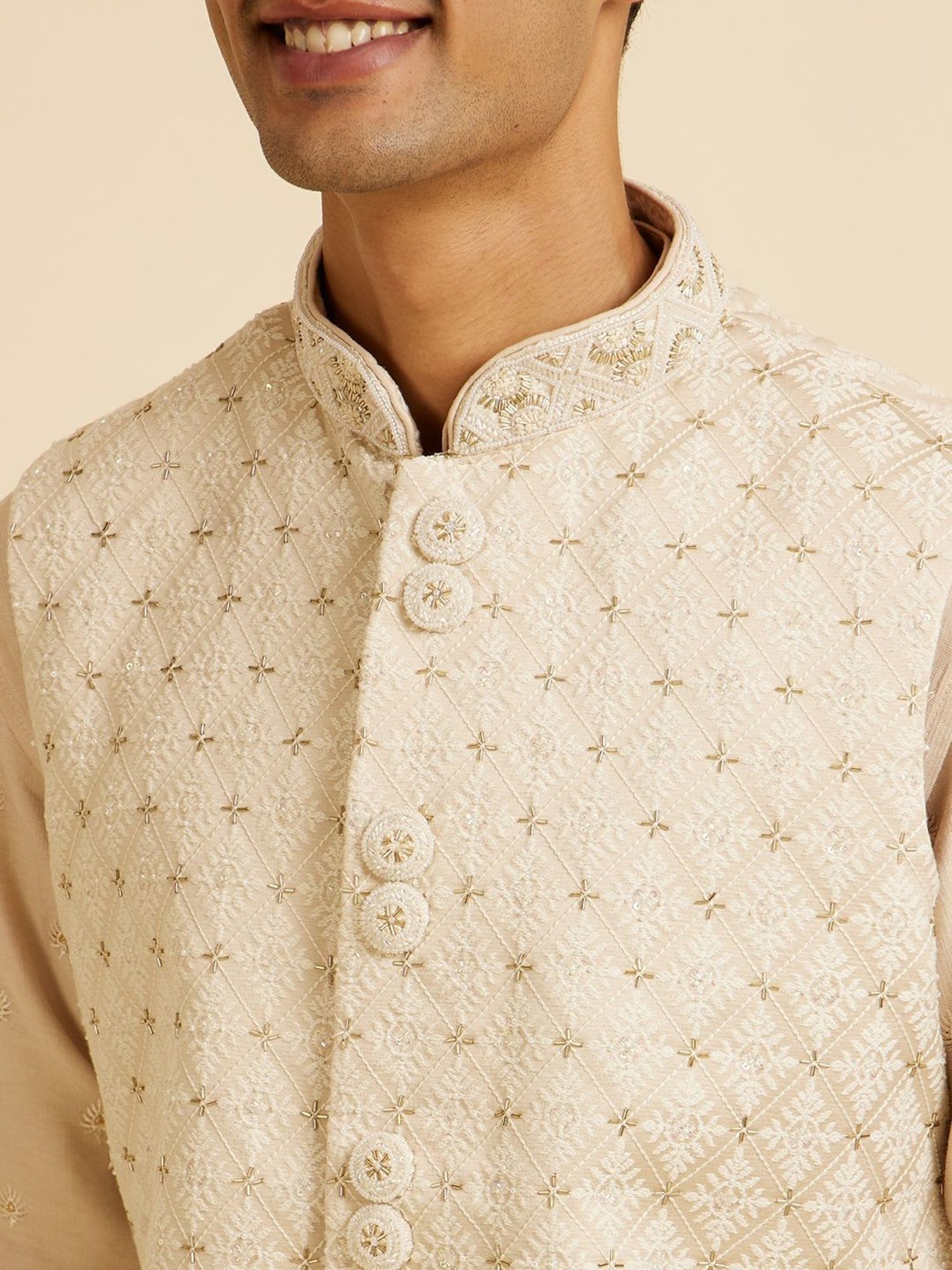 Manyavar Beige Regular Fit Embroidered Nehru Jacket