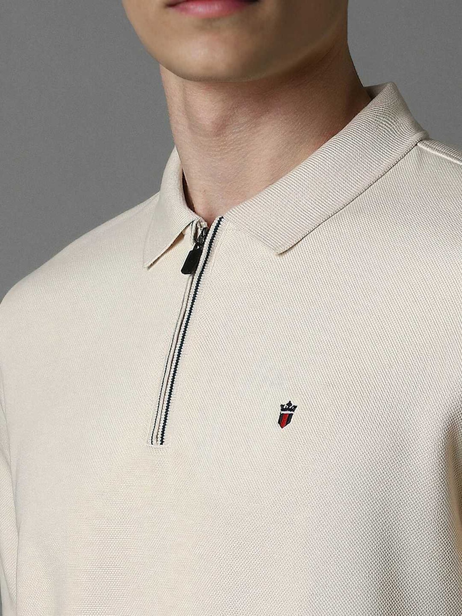 Louis Philippe Beige Cotton Slim Fit Polo T-Shirt