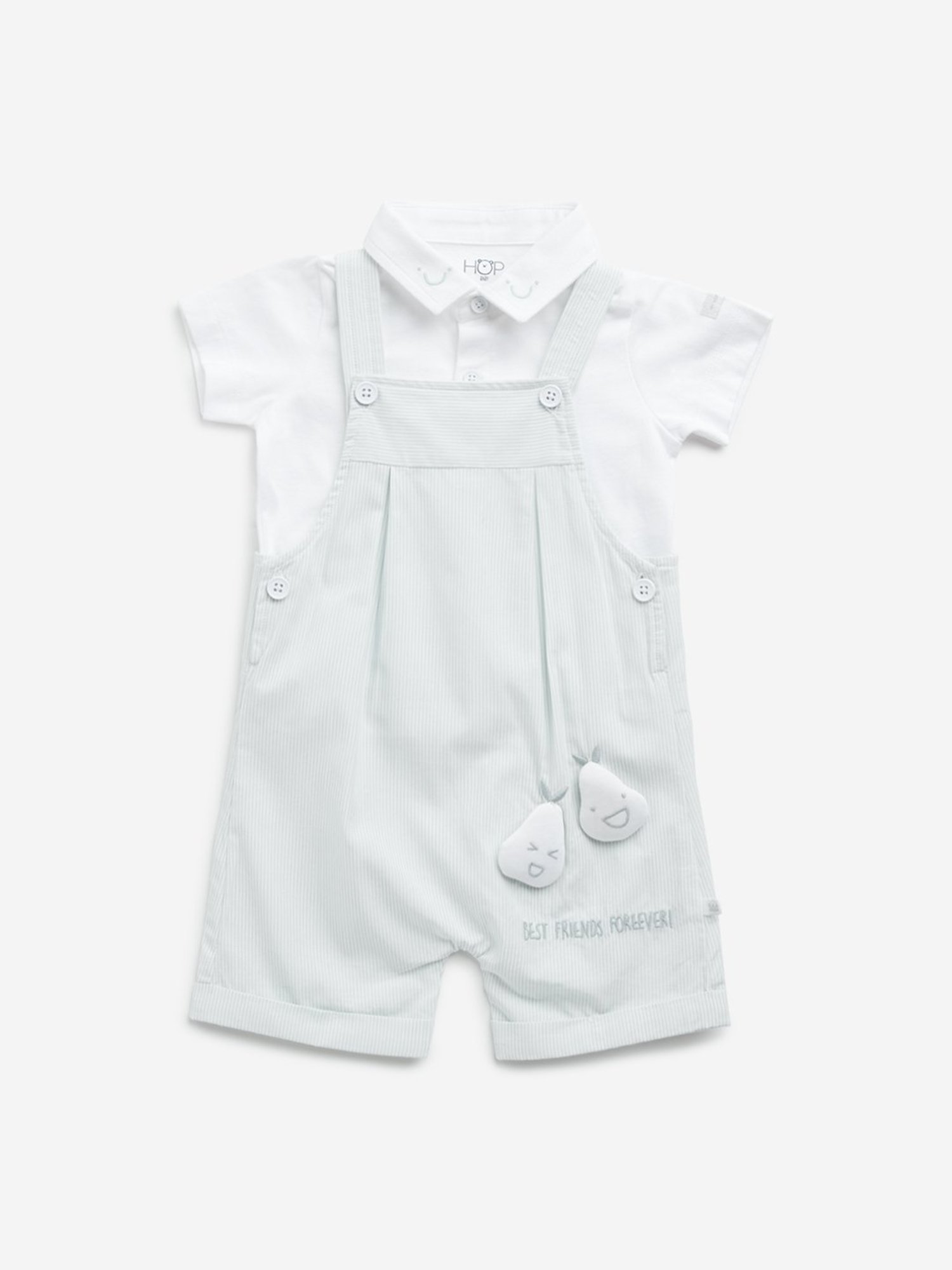HOP Baby by Westside Mint Striped Cotton Dungaree with Shirt Set