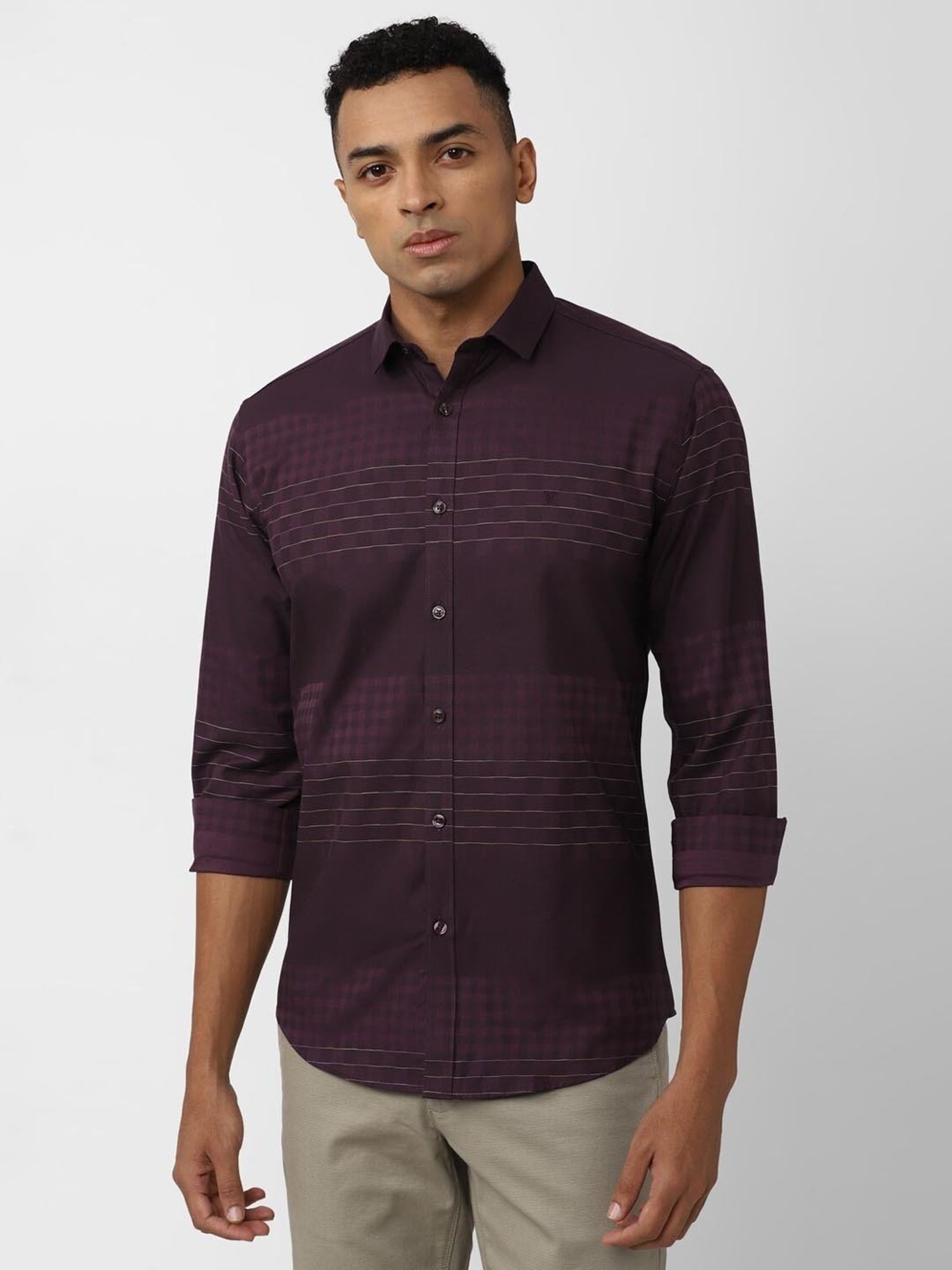 V Dot Maroon Cotton Slim Fit Checks Shirt