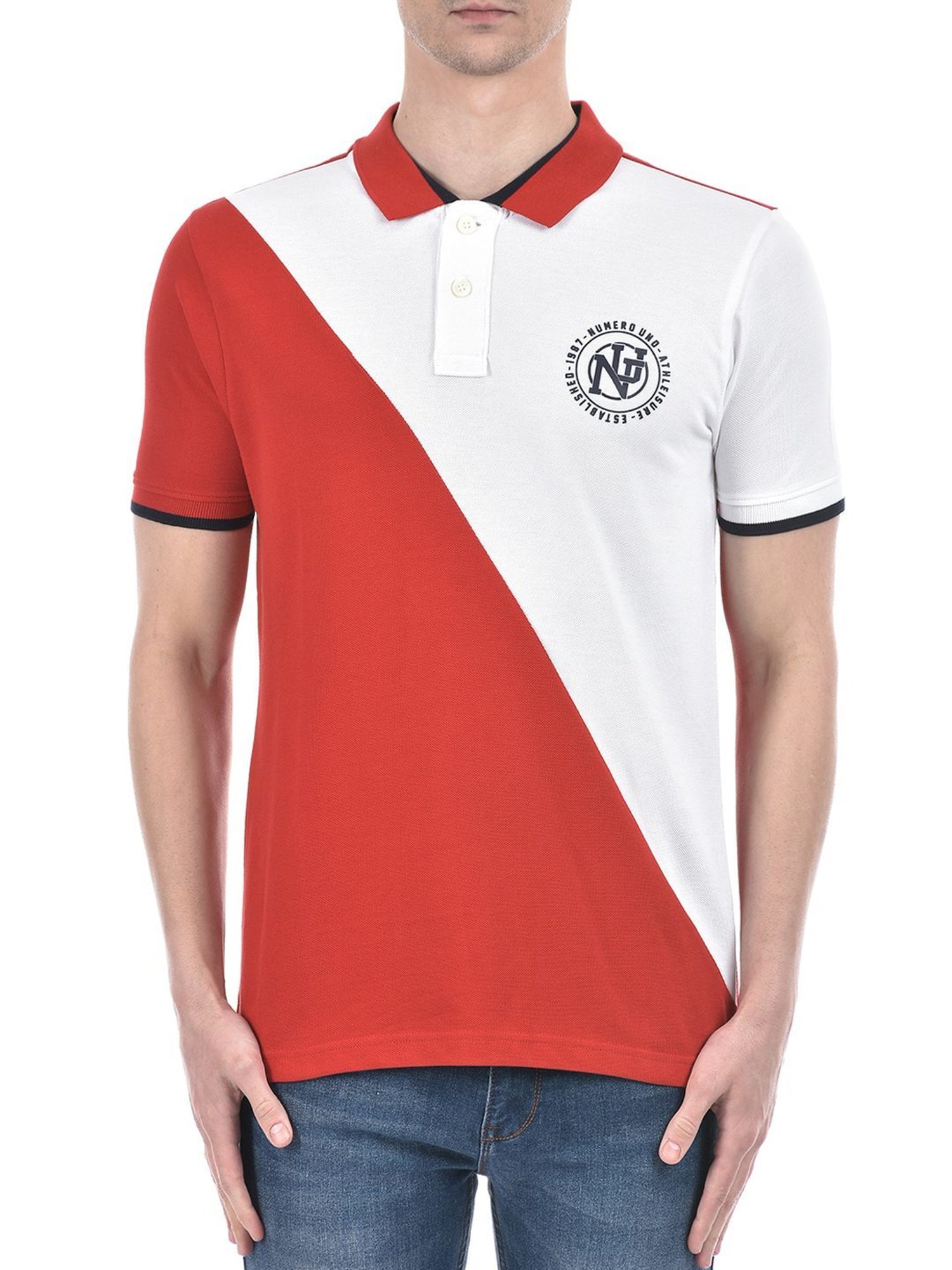 Numero Uno White Cotton Regular Fit Colour Block Polo T-Shirt