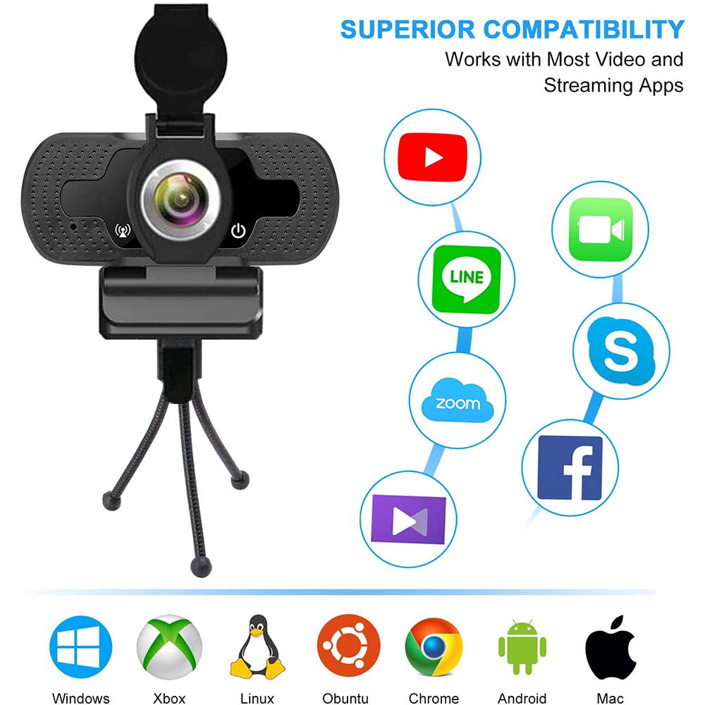 Full HD Webcam, USB 1080P Webcam with Microphone, Pro Streaming Camera for Video Calling, Mini Plug and Play, Webcam Cover, Conferencing,Flexible Rotatable Clip