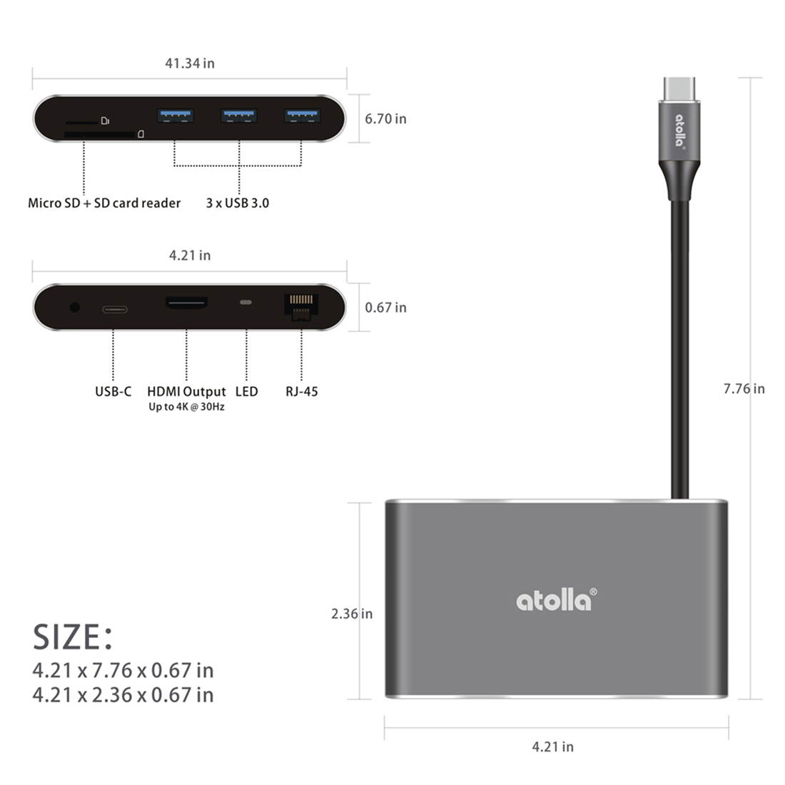 Atolla 8-in-1 USB C HDMI Hub and Ethernet- USB C hub Type C Hub- LAN port | 3 * USB3.0 port | 4K HDMI output | PD| SD card / Micro SD card reader