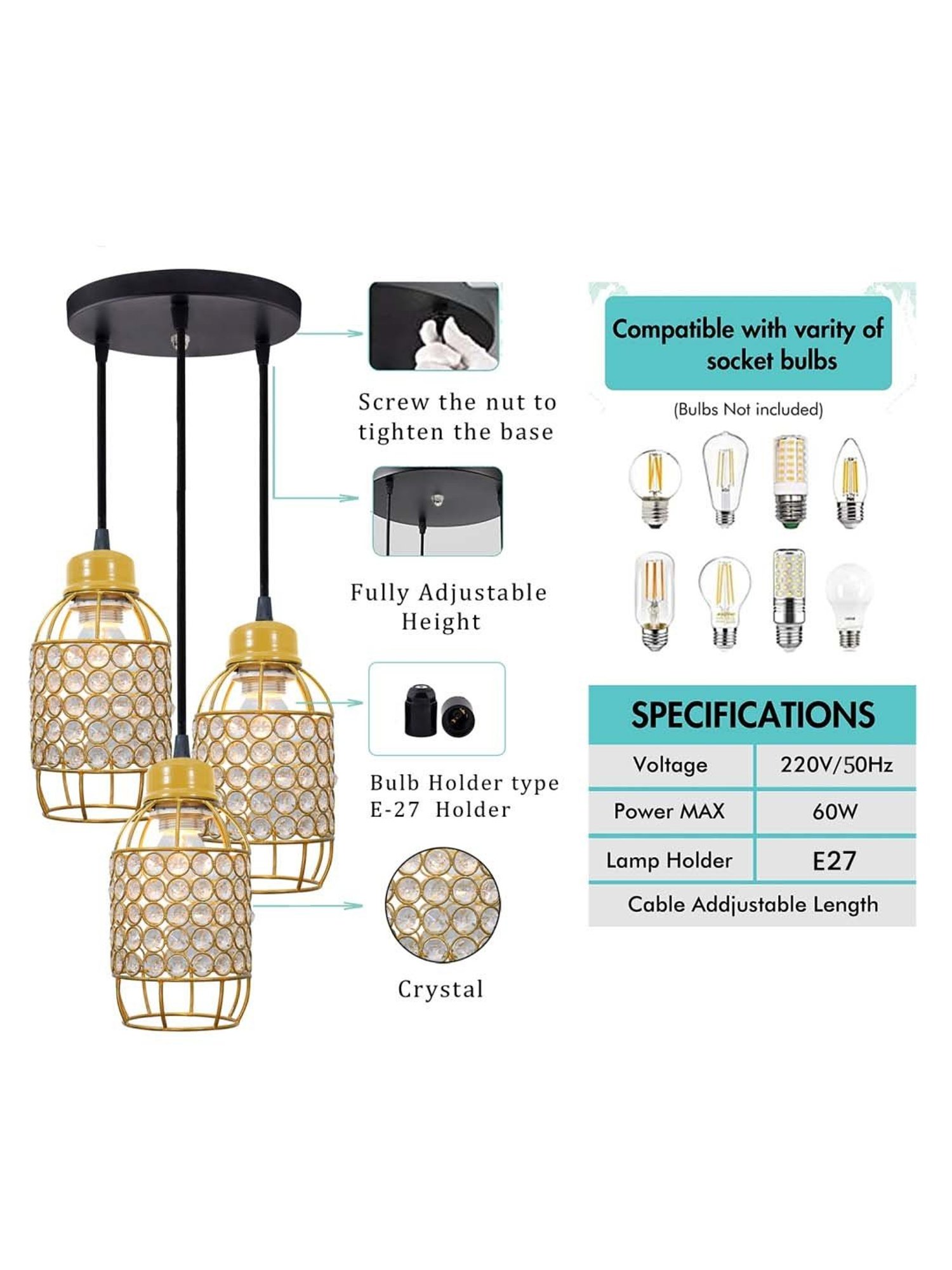 Homesake Gold Metal 3-Lights Round Cluster Chandelier Half Capsule Hanging Light
