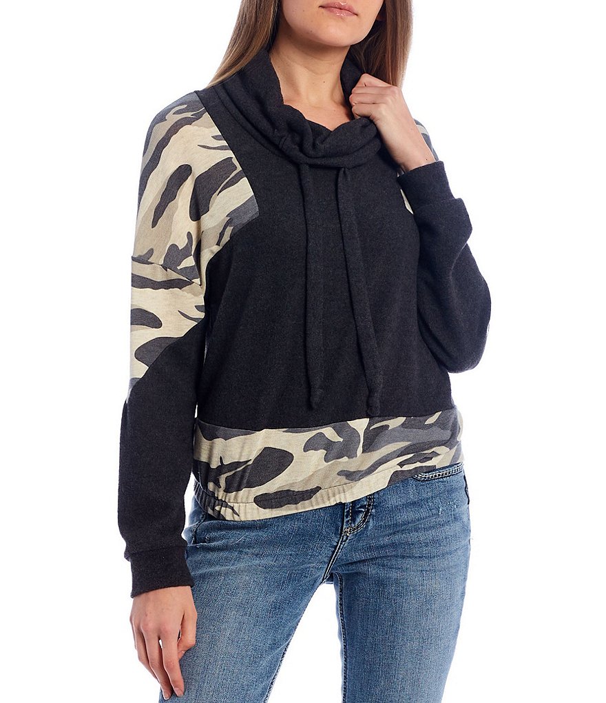 Moa Moa Camo Print Colorblock Sleeve Cowl Neck Pullover