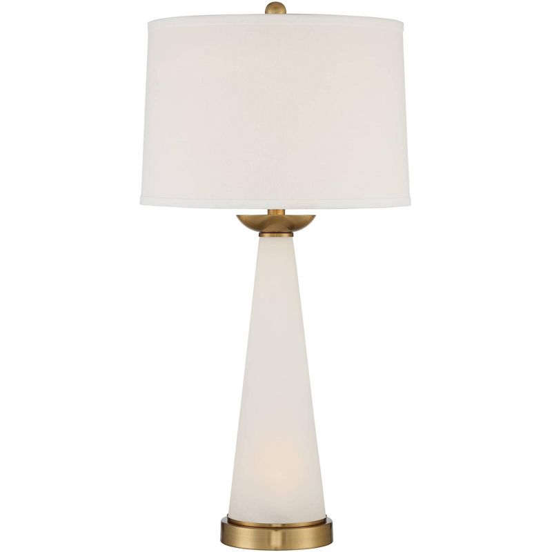 Possini Euro Design Modern Luxury Table Lamp with Night Light Alabaster Glass Brass White Fabric Drum Living Room Bedroom House