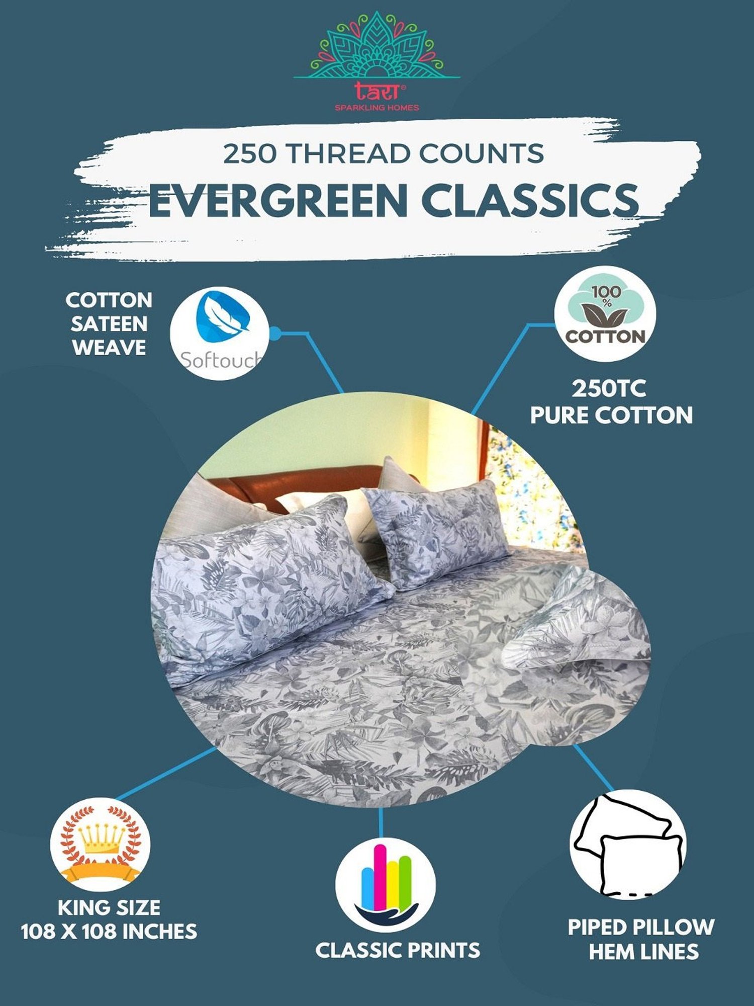 TARA Sparkling Homes Printed Grey 250 TC Cotton King Bedsheet With 2 Pillow Covers