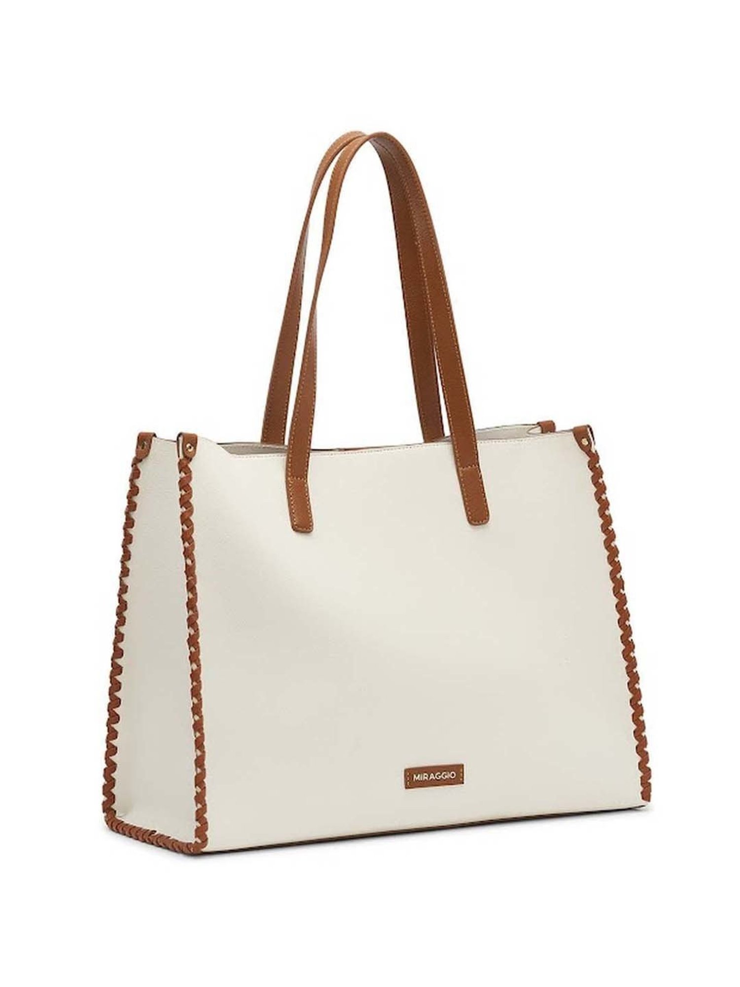 Miraggio White & Brown Solid Large Tote Handbag