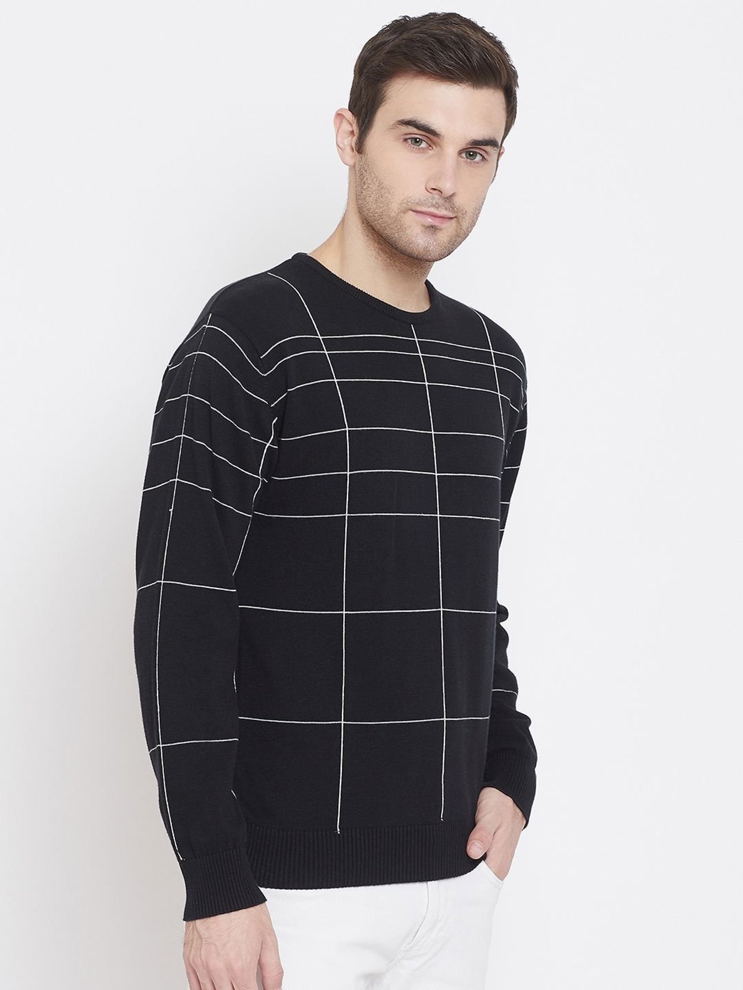 Crimsoune Club Black Cotton Slim Fit Checks Sweater