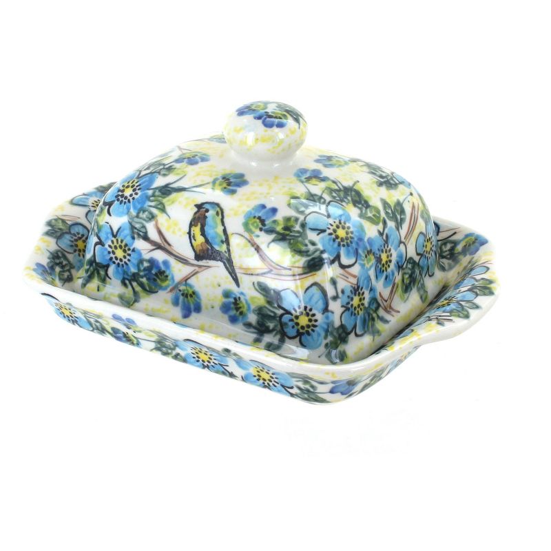 Blue Rose Polish Pottery Bluebird Garden Butter Dish