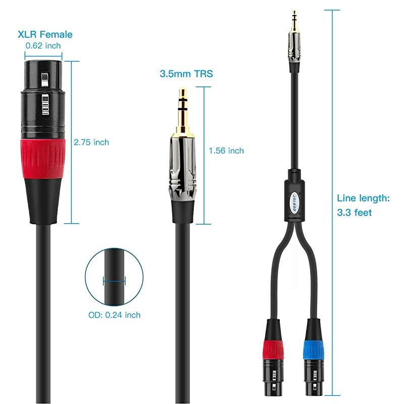 Dual XLR Female to 35 mm TRS Stereo Microphone Cable 2 XLR Female to 18 inch TRS Stereo Y Splitter Patch Cable 33 Feet