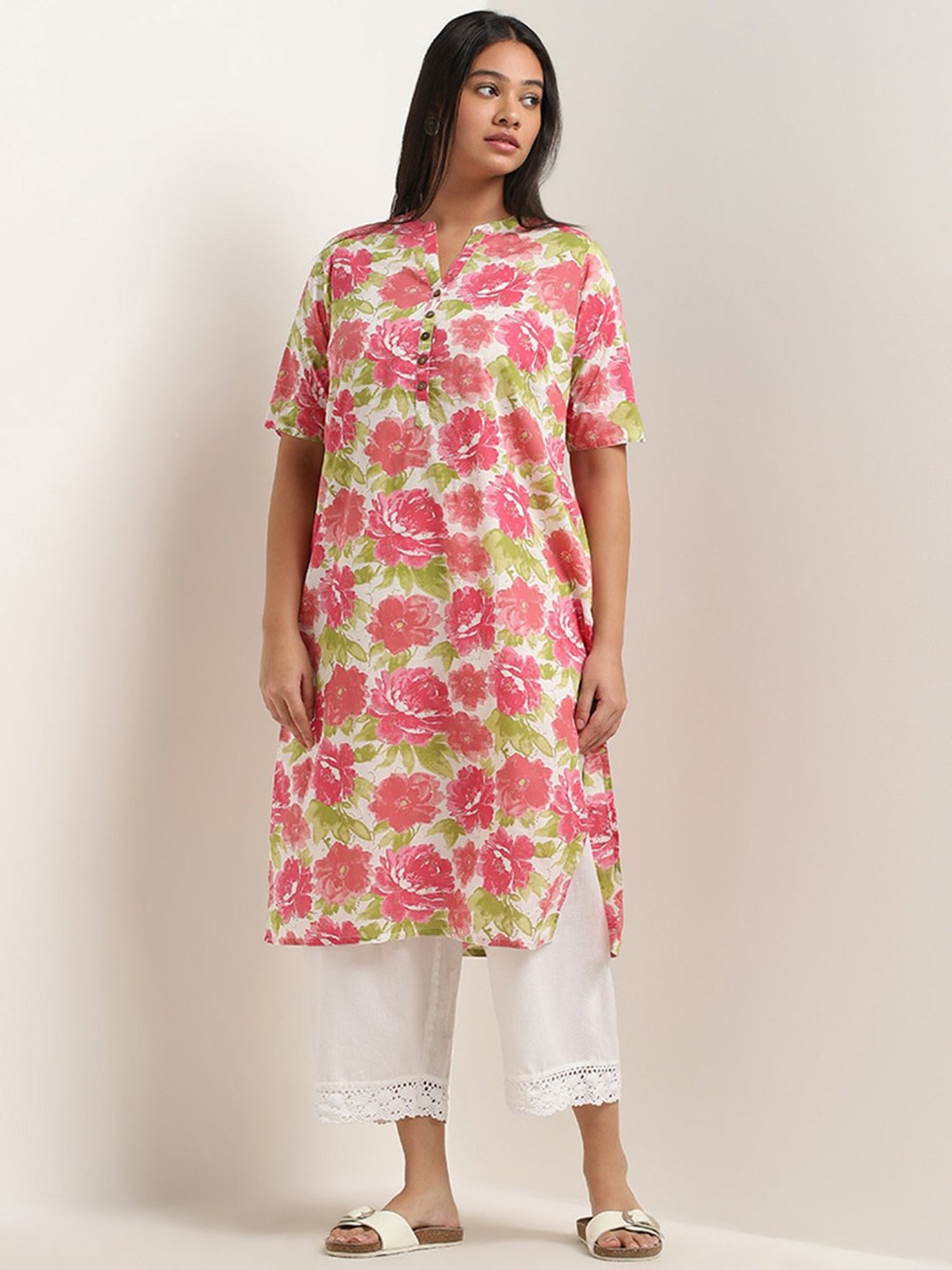 Diza by Westside Pink Floral Printed Straight Cotton Kurta