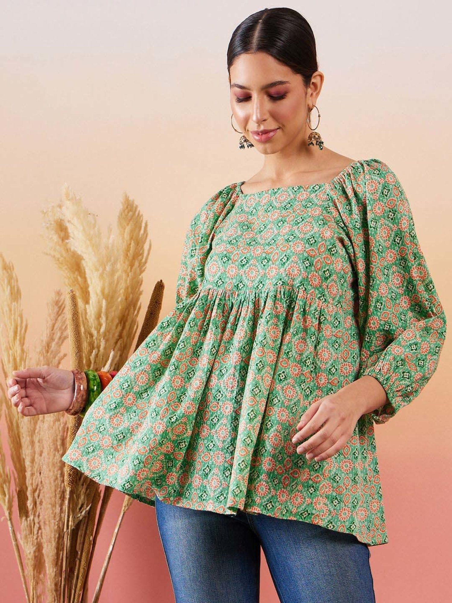 Inweave Green Cotton Printed Top