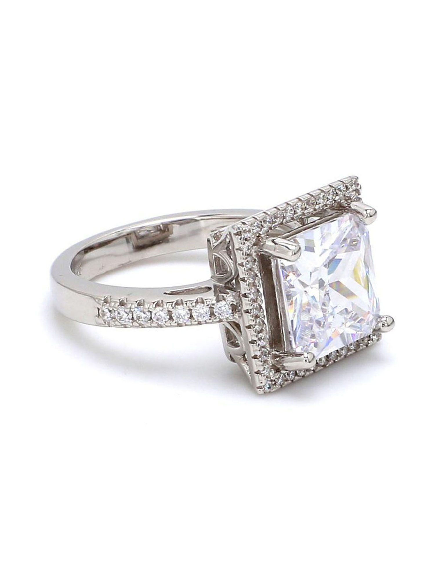925 Silver Princess Cut AAA Grade American Diamond Classic Halo Ring for Women & Girls