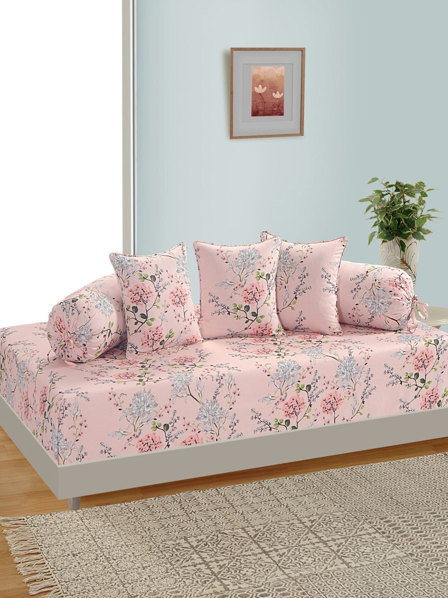 Swayam Pink & Grey Floral Cotton 160 TC Diwan - Set of 6