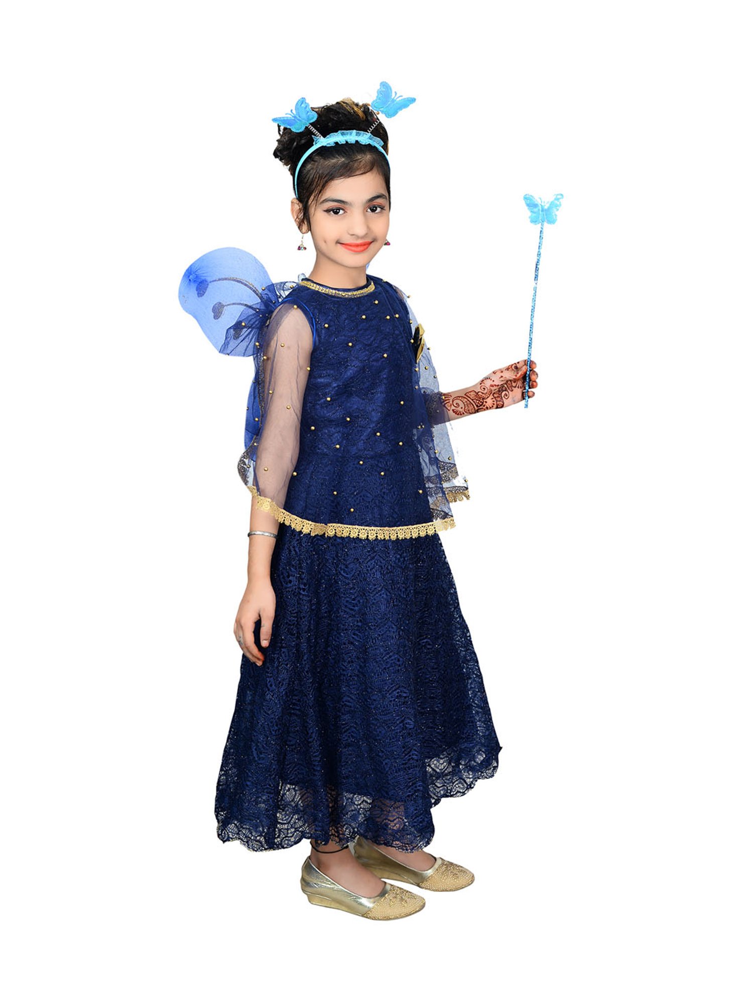 Ahhaaaa Kids Navy Embellished Dress, Wings, Hair Band with Fairy Stick
