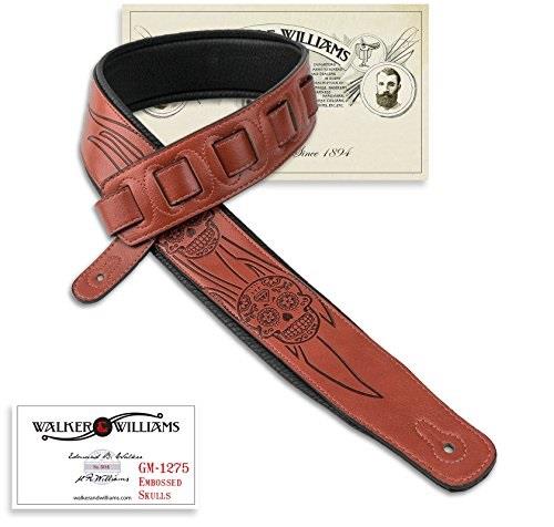 walker & williams gm1275 sienna brown padded guitar strap with embossed skulls