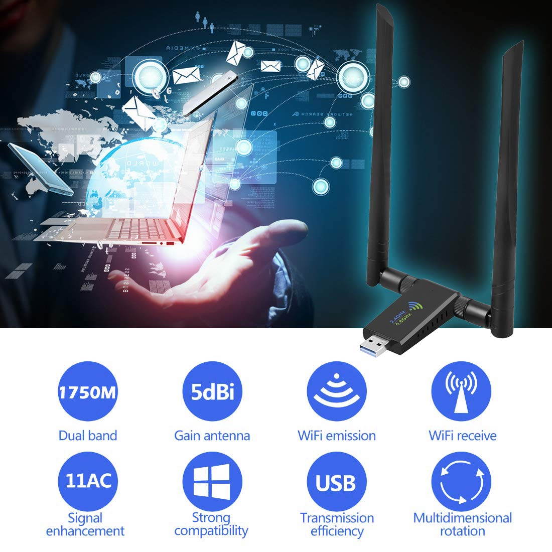 2020 1750Mbps Wireless USB Wifi Adapter, AC1750 Dual Band 2.4GHz/450Mbps 5GHz/1300Mbps wifi Lan Card,802.11 ac/a/b/g/n, Dual High Gain Dual 5dBi Antennas Network dongle for Windows XP/7/8/10,MAC OS X