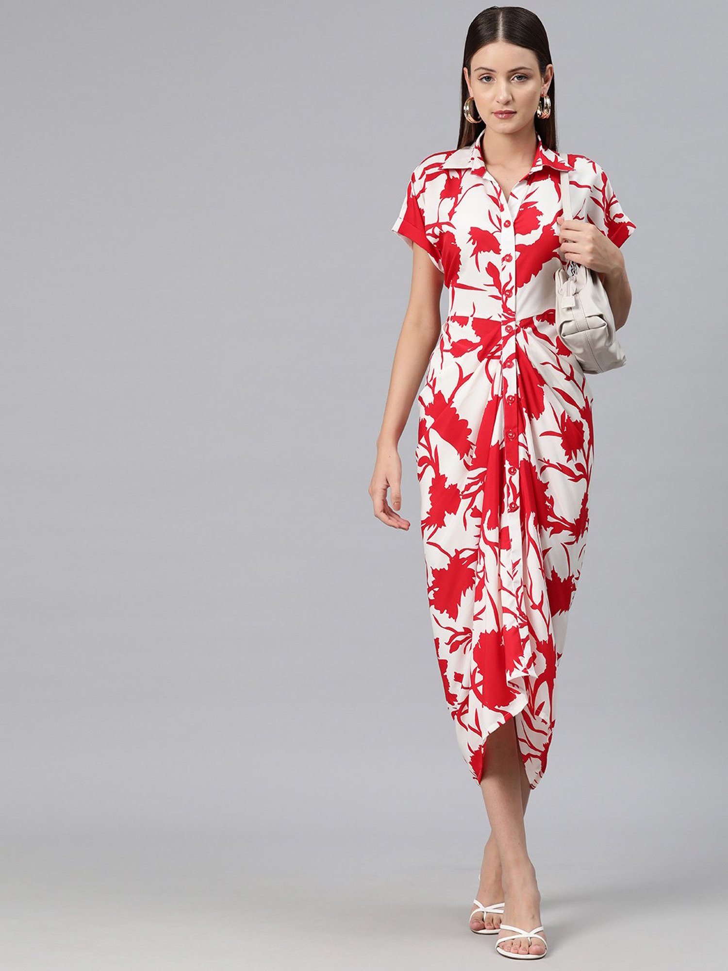 Cottinfab White & Red Floral Print Shirt Dress