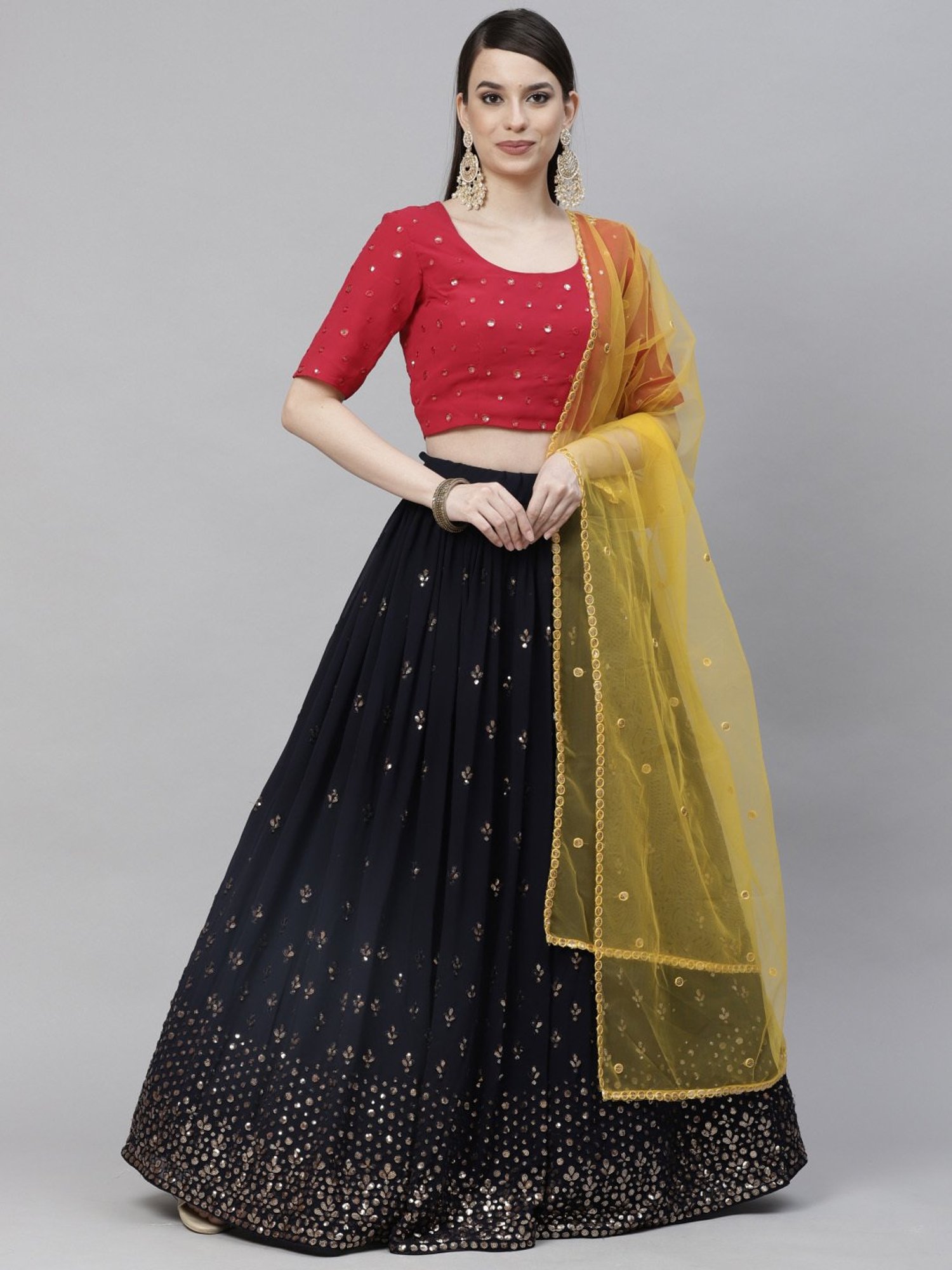 SHUBHKALA Navy Embellished Lehenga and Choli Set With Dupatta