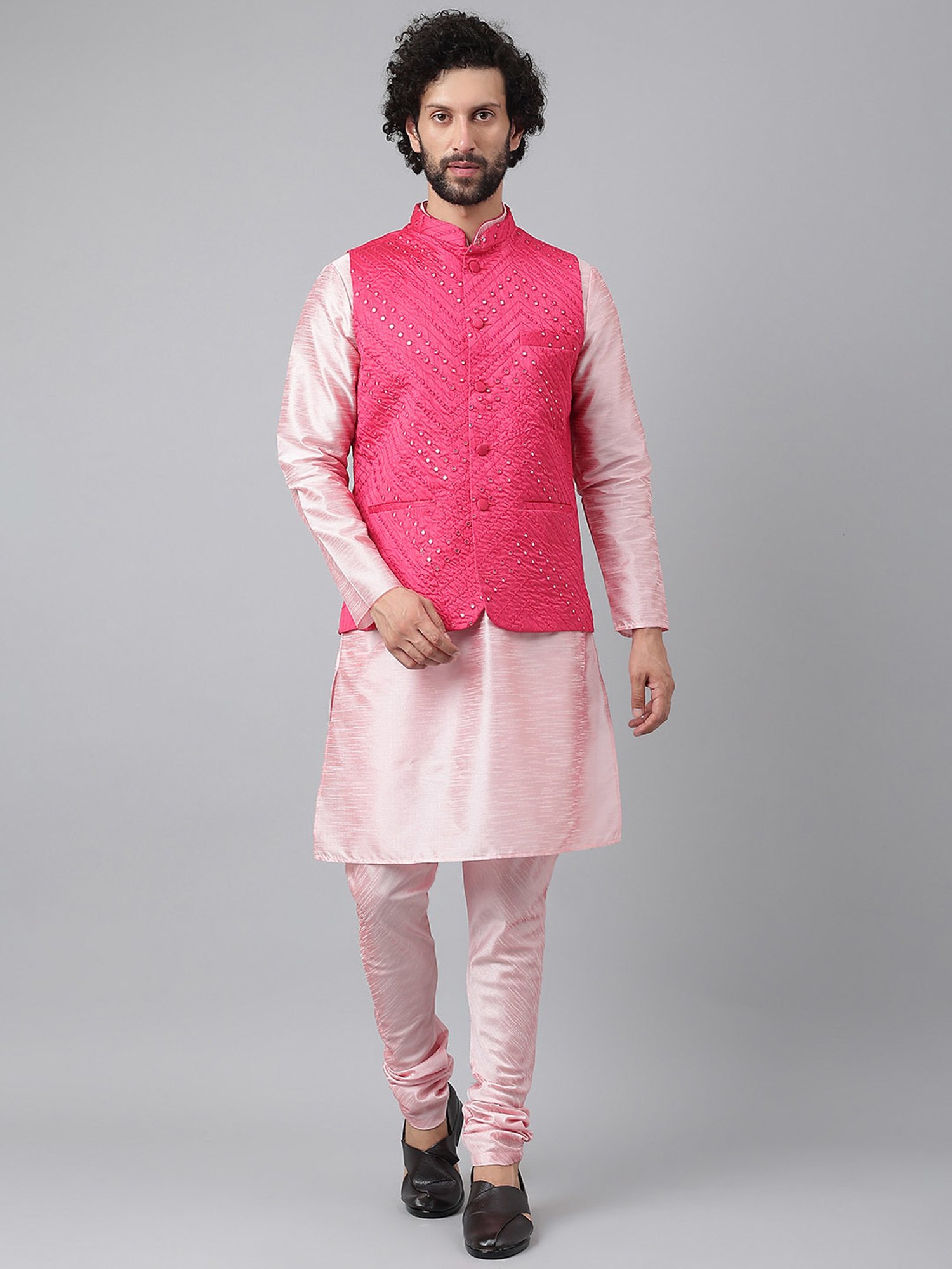 Hangup Plus Pink Regular Fit Kurta & Churidar Set With Nehru Jacket