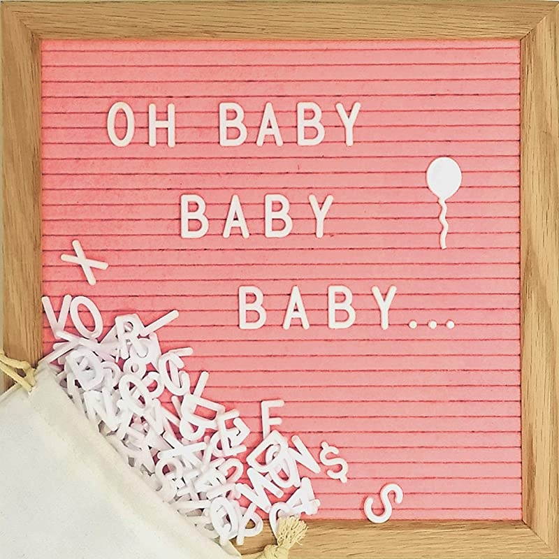 Felt Letter Board Set with 10 x 10 inch Oak Frame 374 Precut Letters and Emojis Cursive Words Wall Hook Perfect Message Sign for Girl Baby Shower Decorations