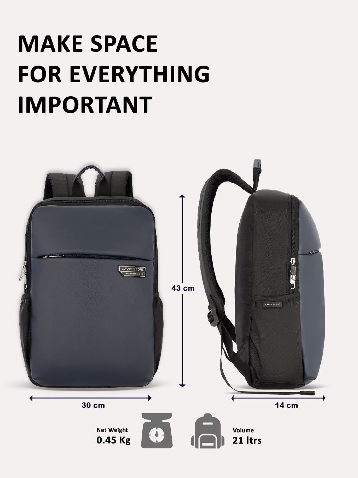 Lavie Sport Premier 21L Laptop Backpack For Men & Women (Navy)