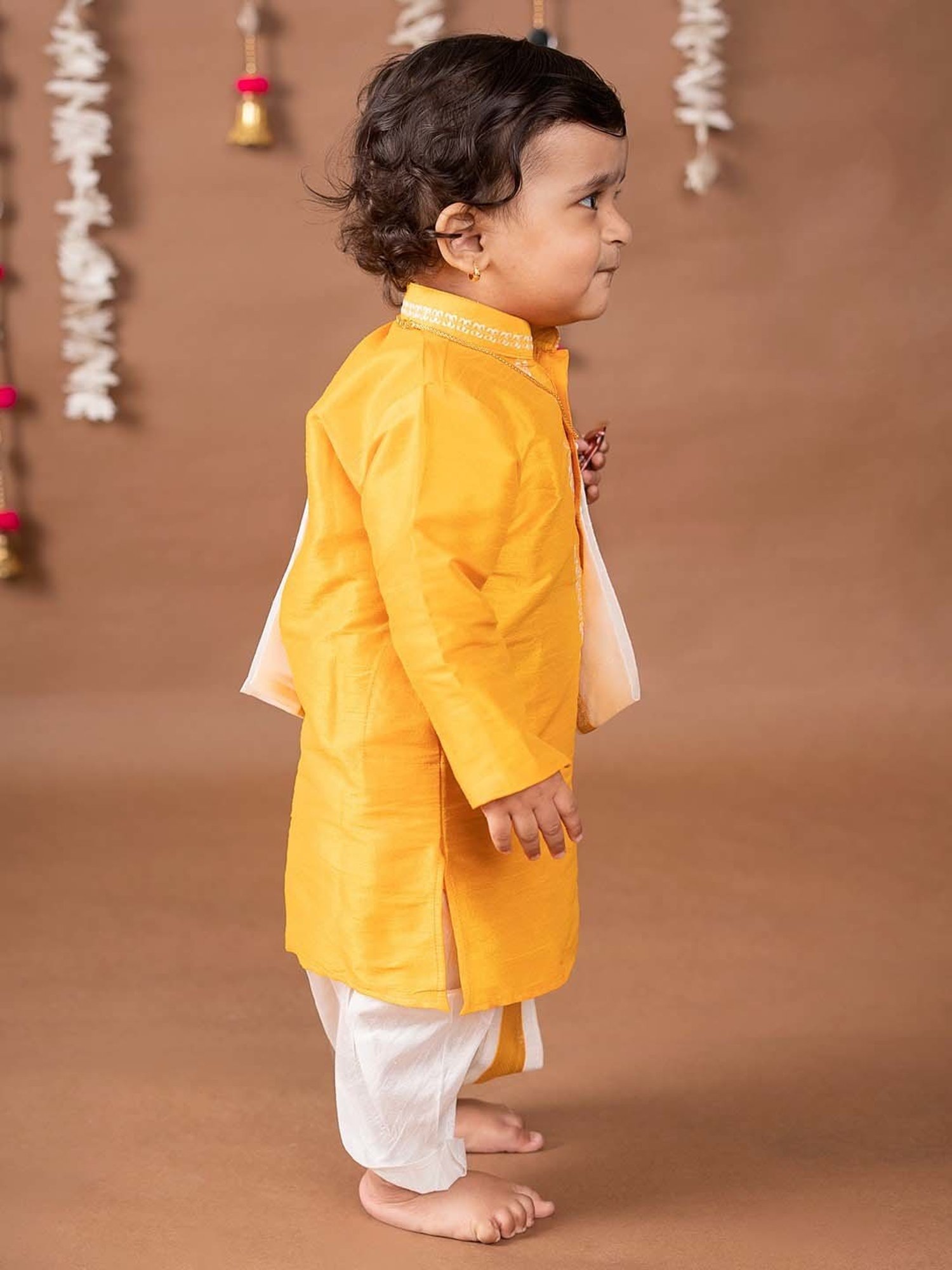 Baby Moo Kids Yellow & White Regular Fit Full Sleeves Kurta Set