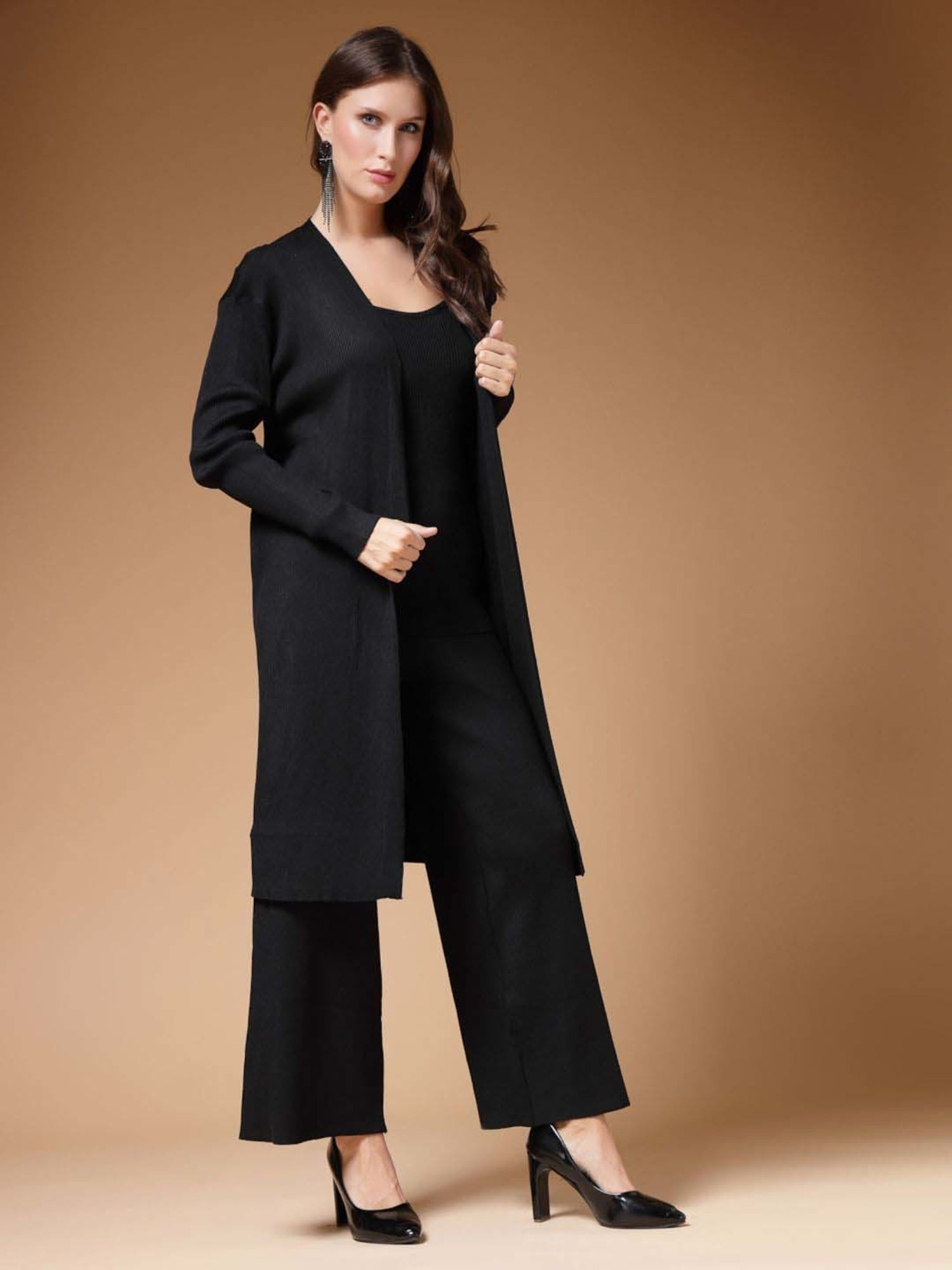 Mafadeny Black Plain Top Pants Set With Shrug