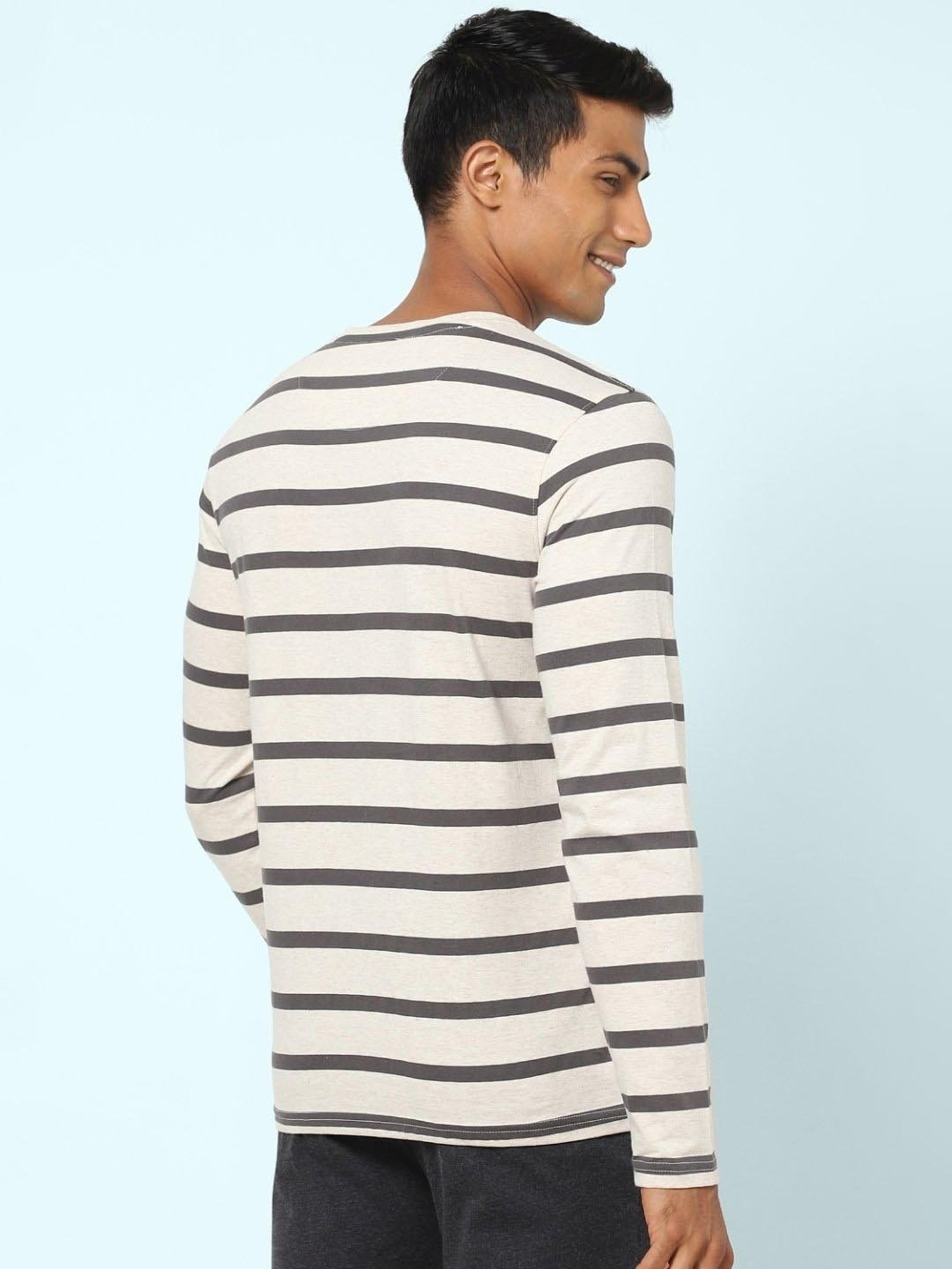 Ajile by Pantaloons Oat Melange Cotton Slim Fit Striped Lounge T-Shirt