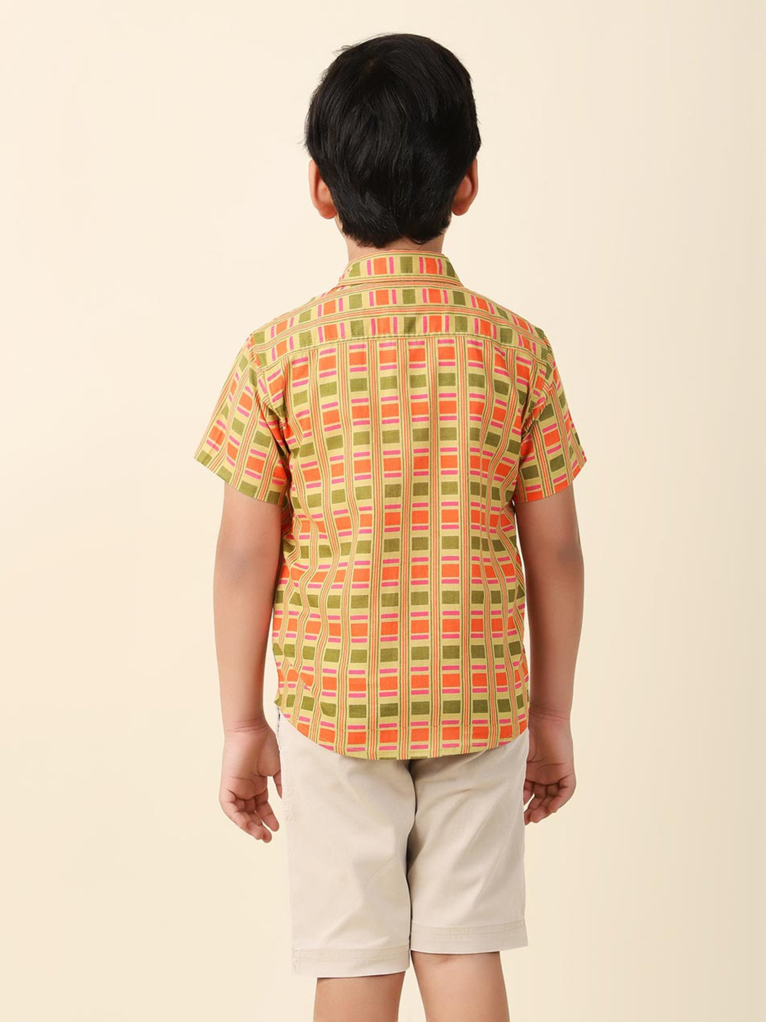 Fabindia Kids Lime Green & Orange Printed Shirt