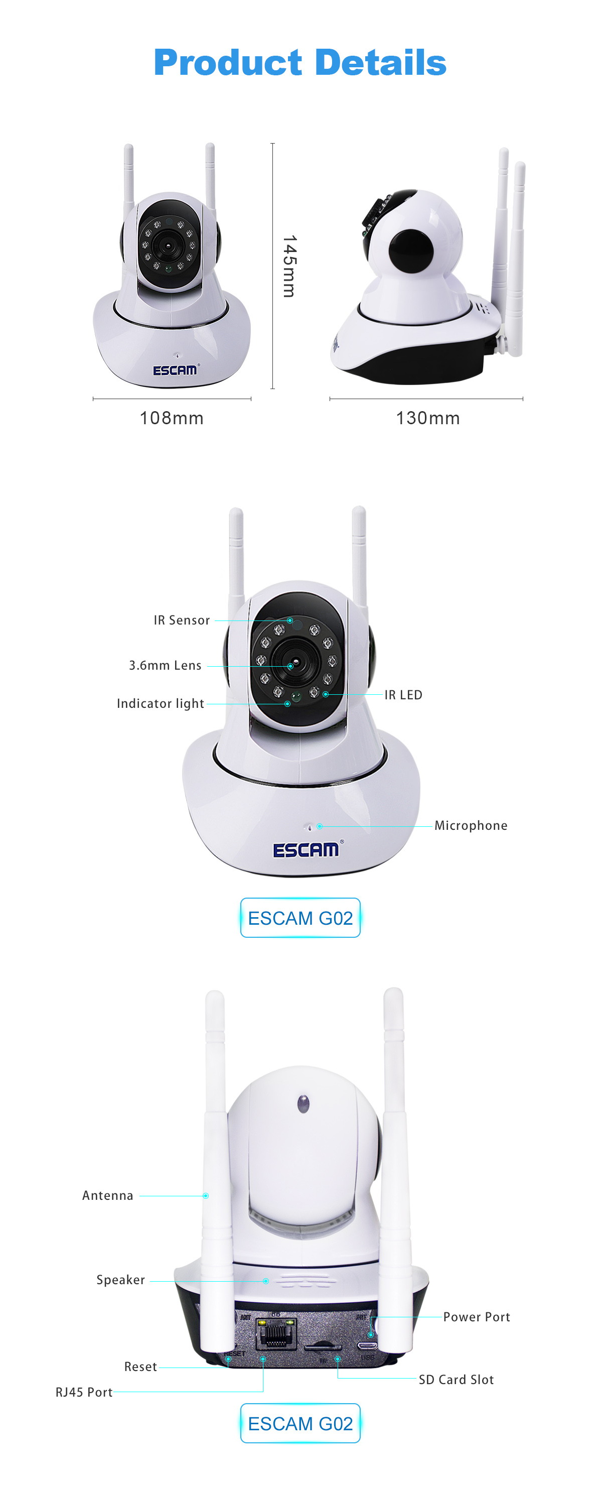 ESCAM G02 Dual Antenna 720P Pan/Tilt WiFi IP IR Camera Support ONVIF Max Up to 128GB Video Monitor